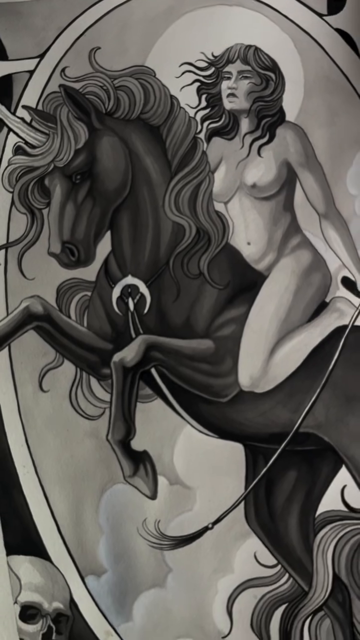 Woman on a unicorn realism tattoo by Madelyn Roberts, Bellingham, Washington