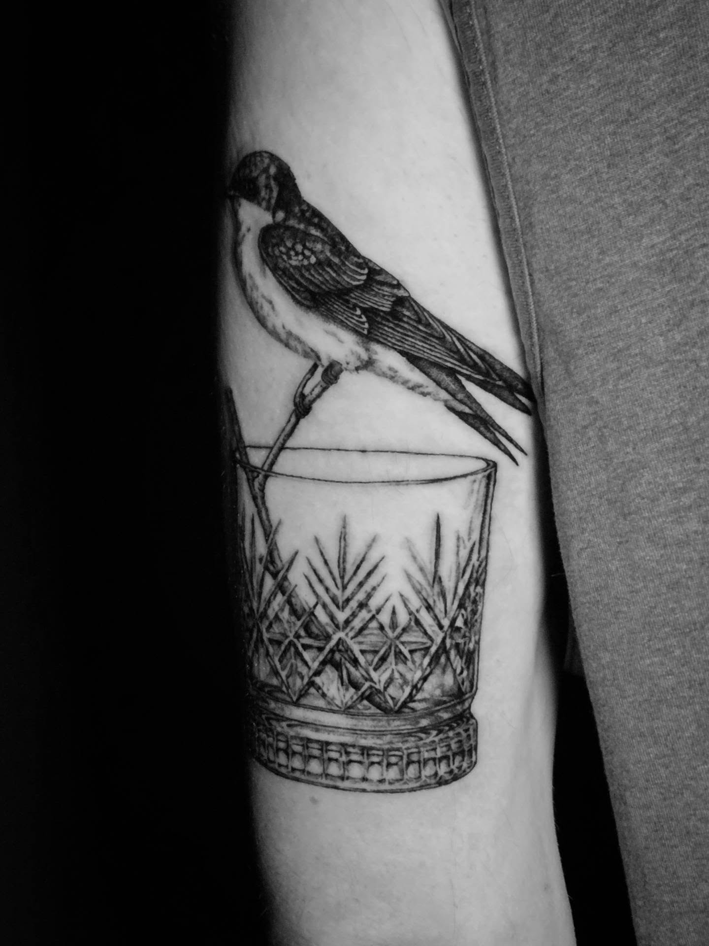 Bird perched on glass realism tattoo on the forearm by Nick de Hoyos