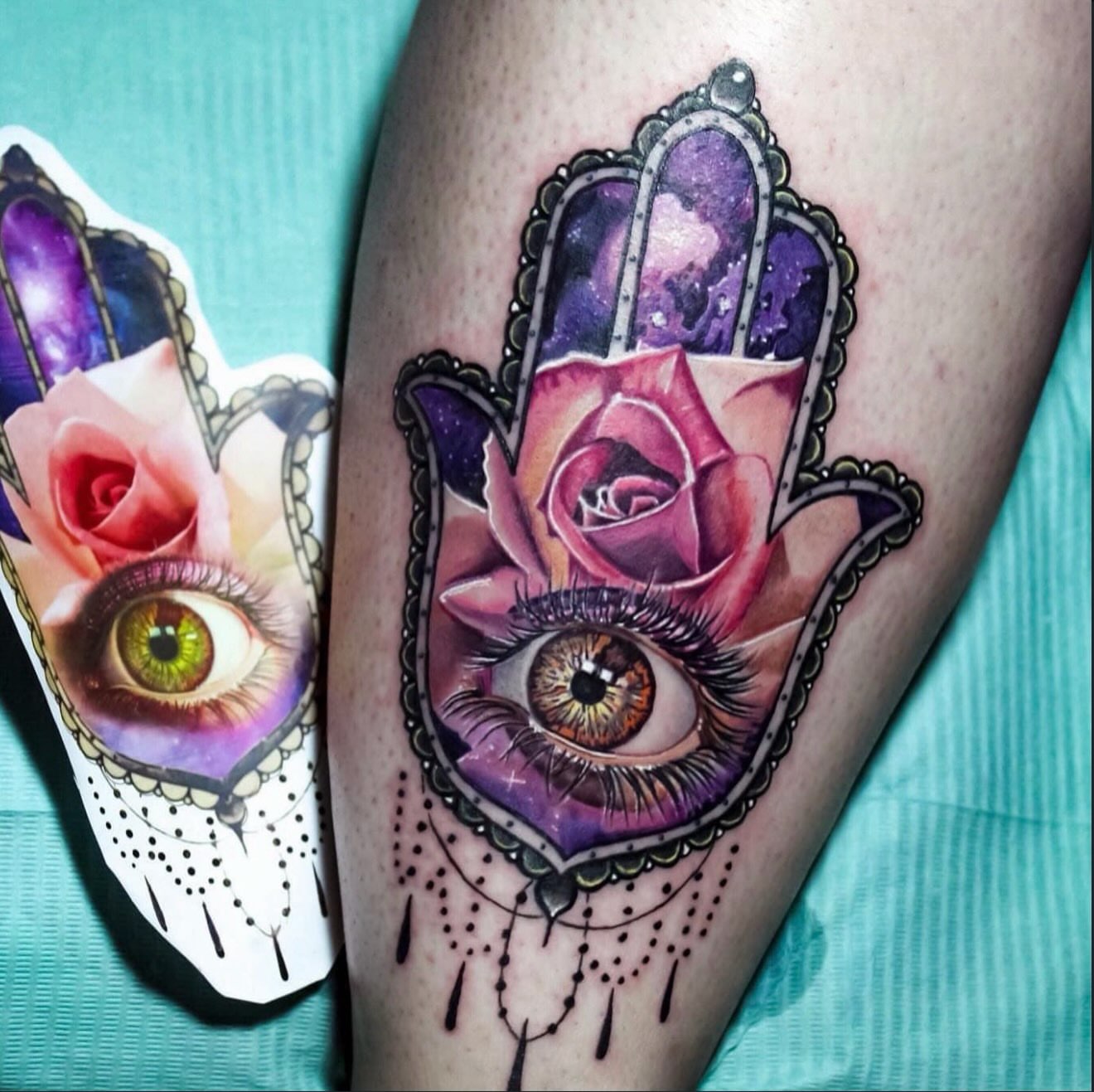 Eye and rose dotwork tattoo on the thigh by @inkedbystabby, Manchester, New Hampshire