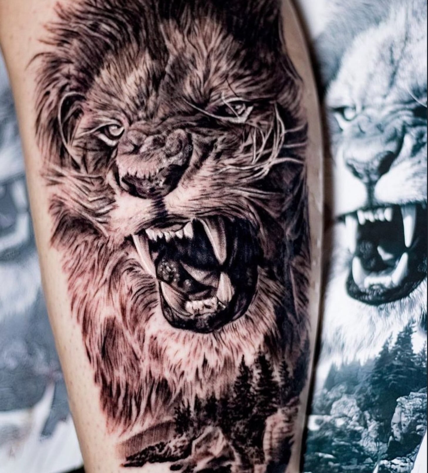 Roaring lion realism tattoo on the thigh by @inkedbystabby, Manchester, New Hampshire