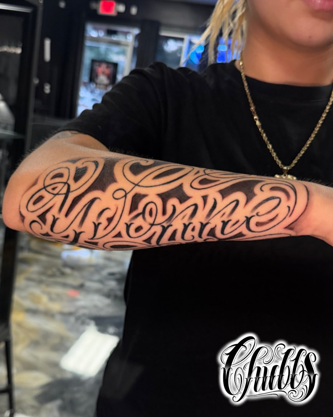 Script lettering lettering script tattoo on the forearm by Chubbs