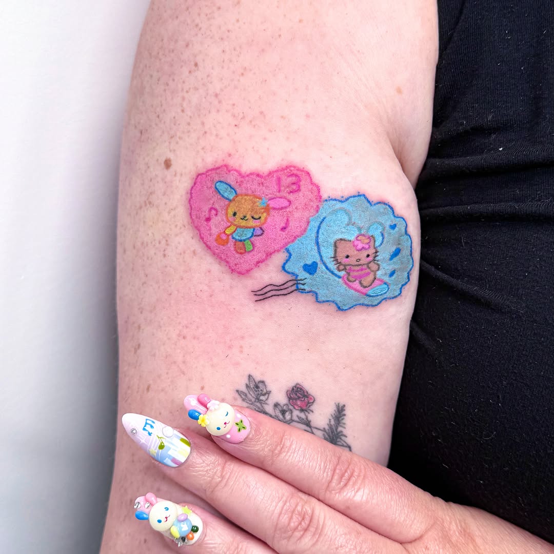 Kitty and rabbit dotwork tattoo on the forearm by Yez tattoo