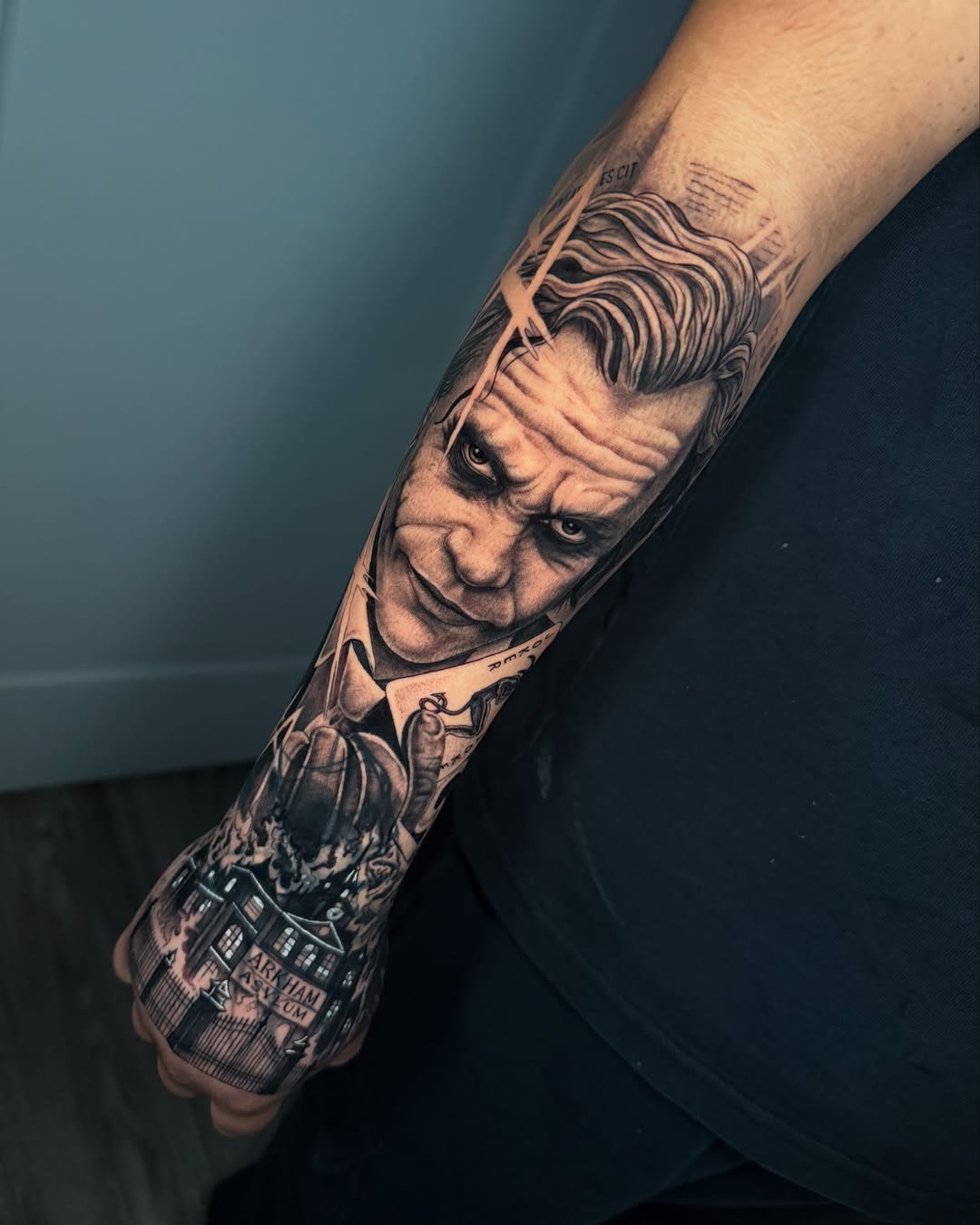 Joker realism tattoo on the forearm by Las Vegas Tattoo Artist