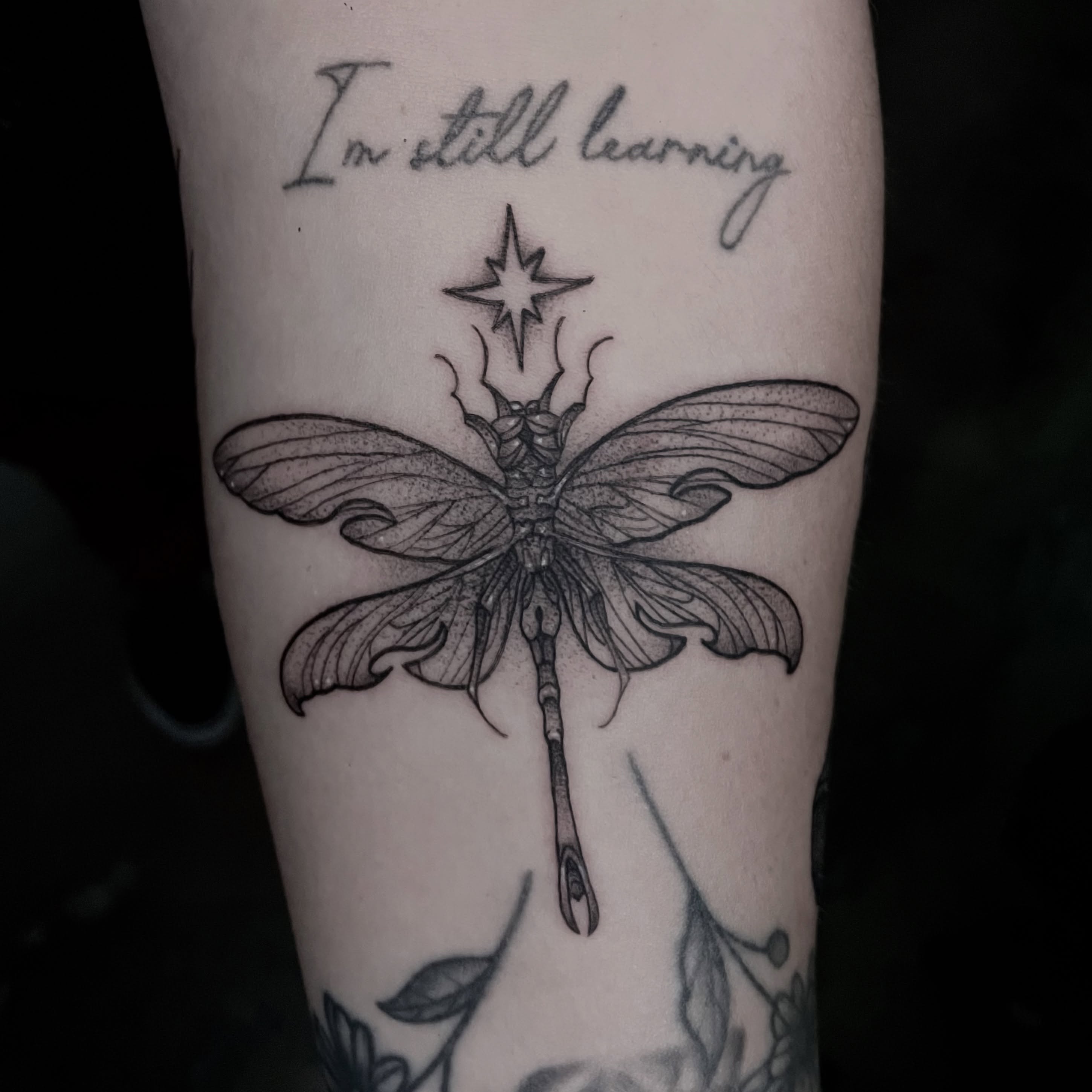 Dragonfly dotwork tattoo on the forearm by Ducky