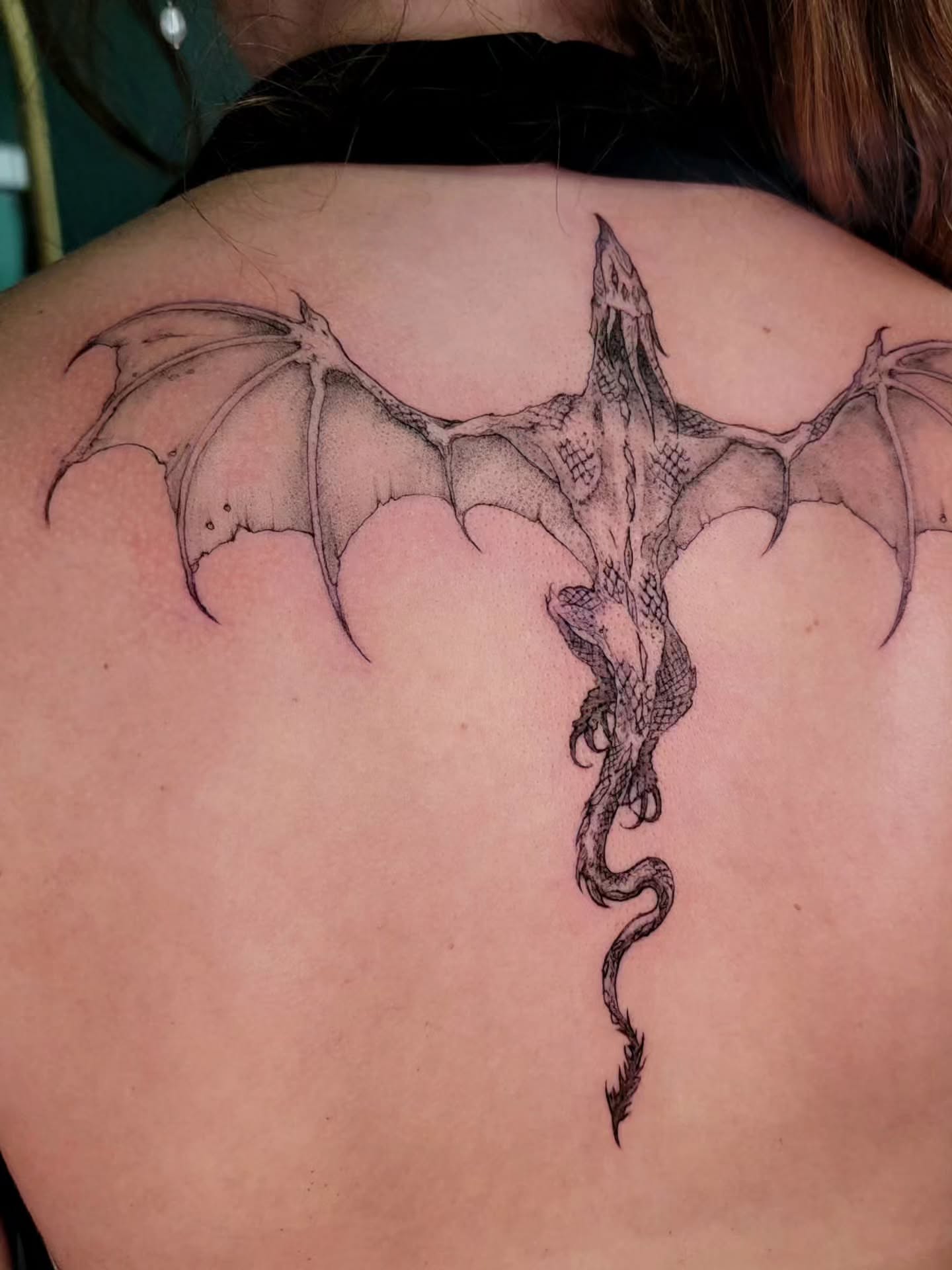 Dragon black and grey tattoo on the back by Nathan Harkins-Oberbeck