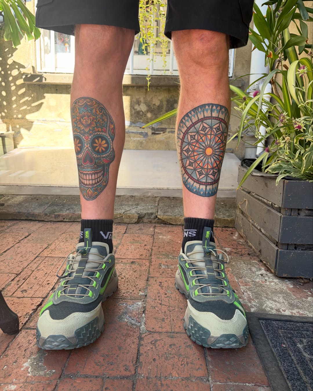 Skull and mandala geometric tattoo on the calf by Ruth Ormsby-Ashworth