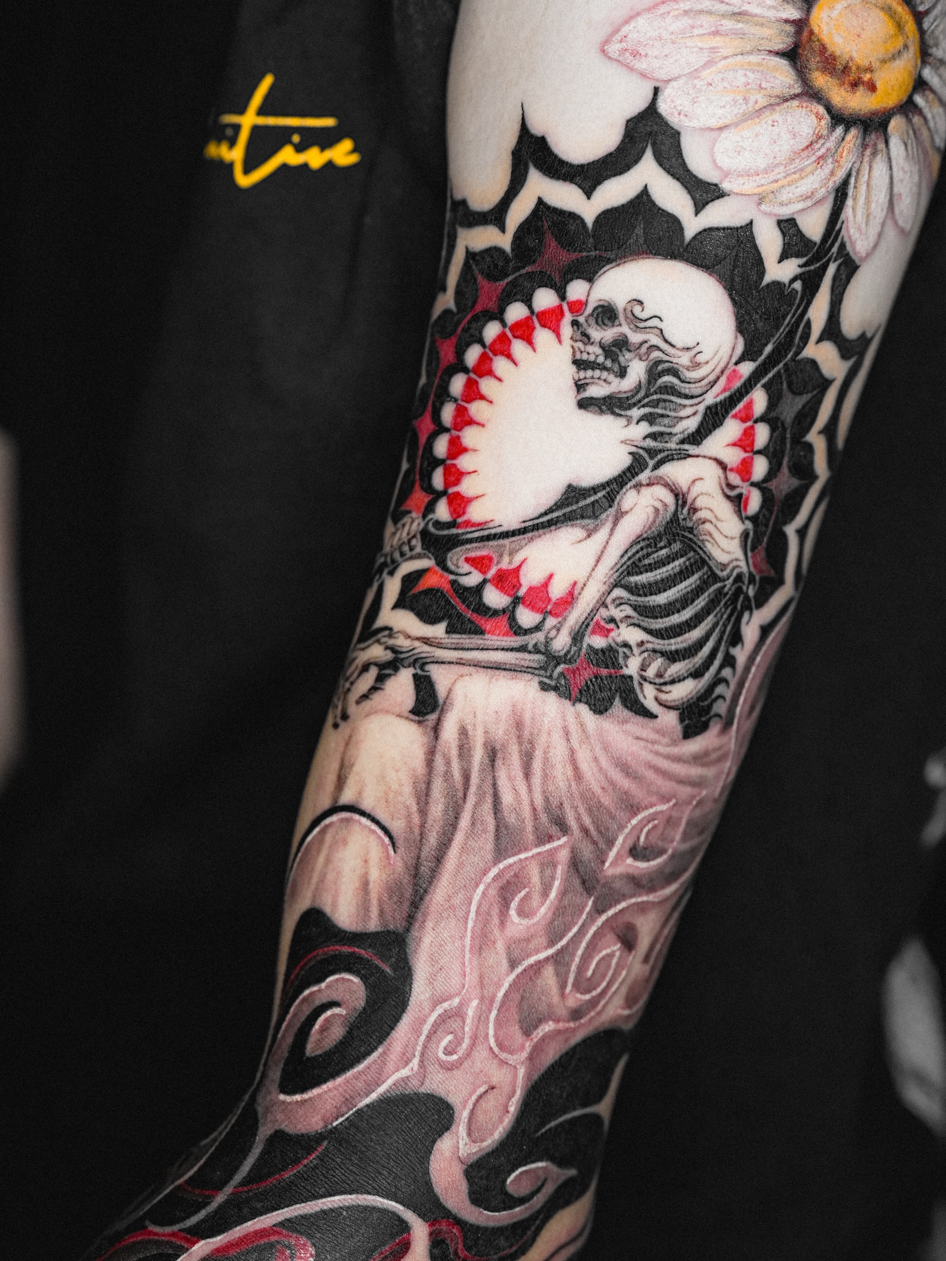 Skeleton playing guitar American traditional tattoo on the forearm by ๐
๐๐๐