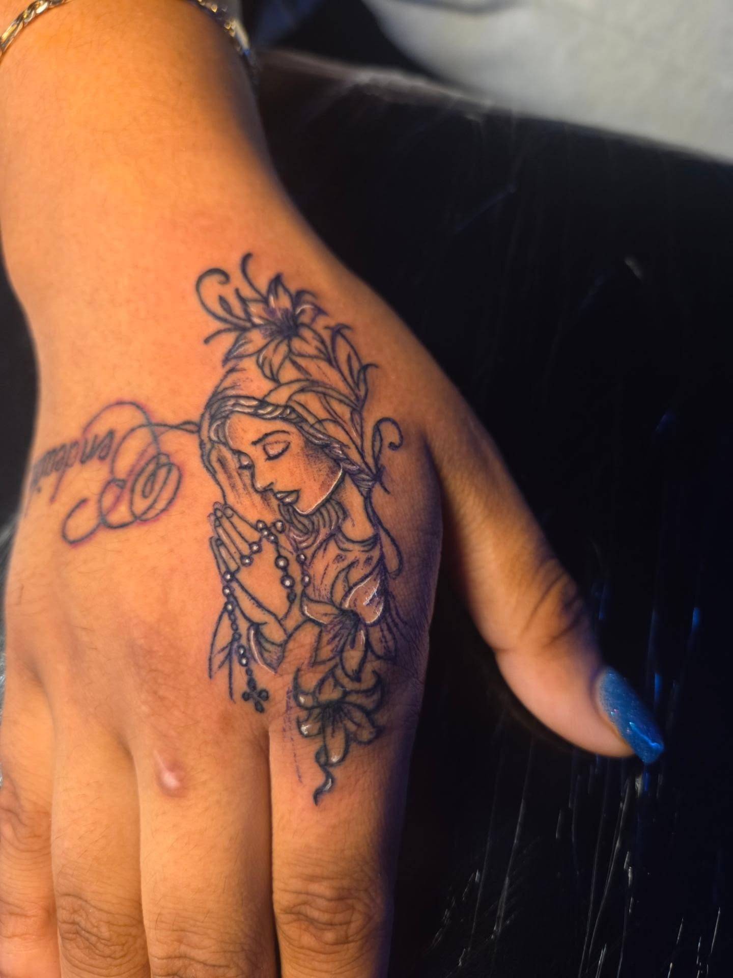 Praying woman black and grey tattoo on the forearm by Klazzik Mayfield, Fort Lauderdale, Florida