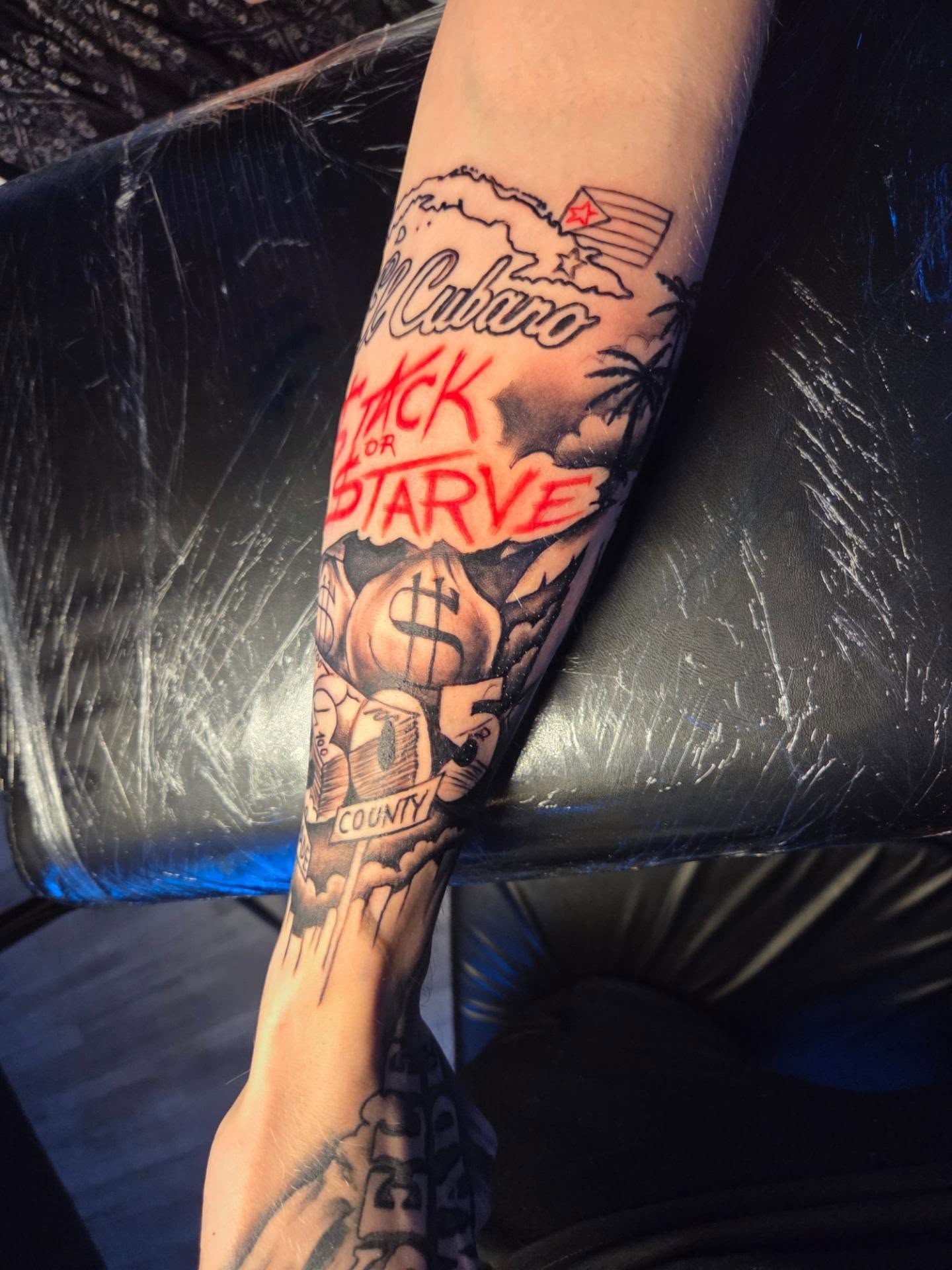 Cuban-themed tattoo American traditional tattoo on the forearm by Klazzik Mayfield, Fort Lauderdale, Florida