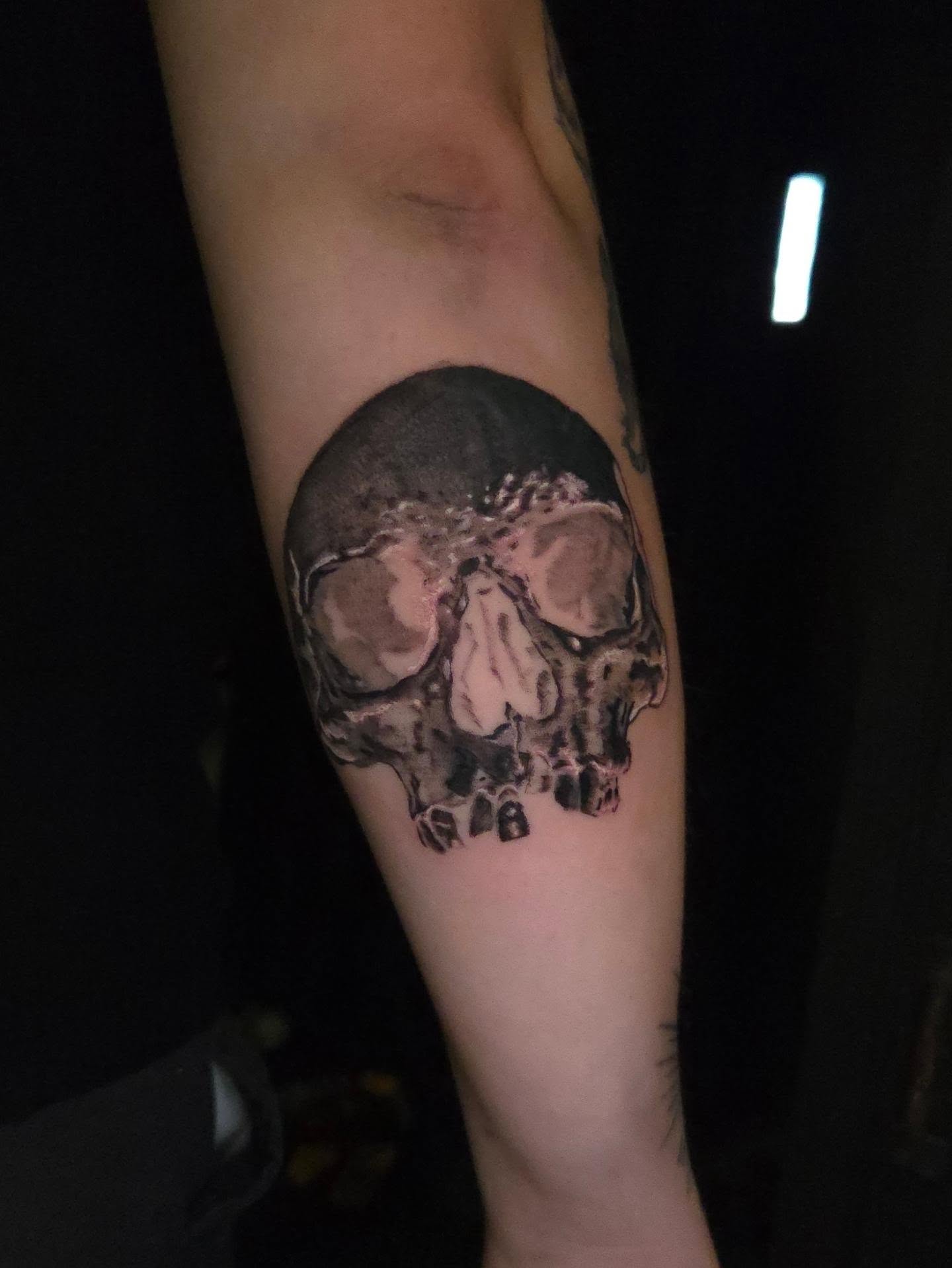 Skull realism tattoo on the forearm by Maya Neideck