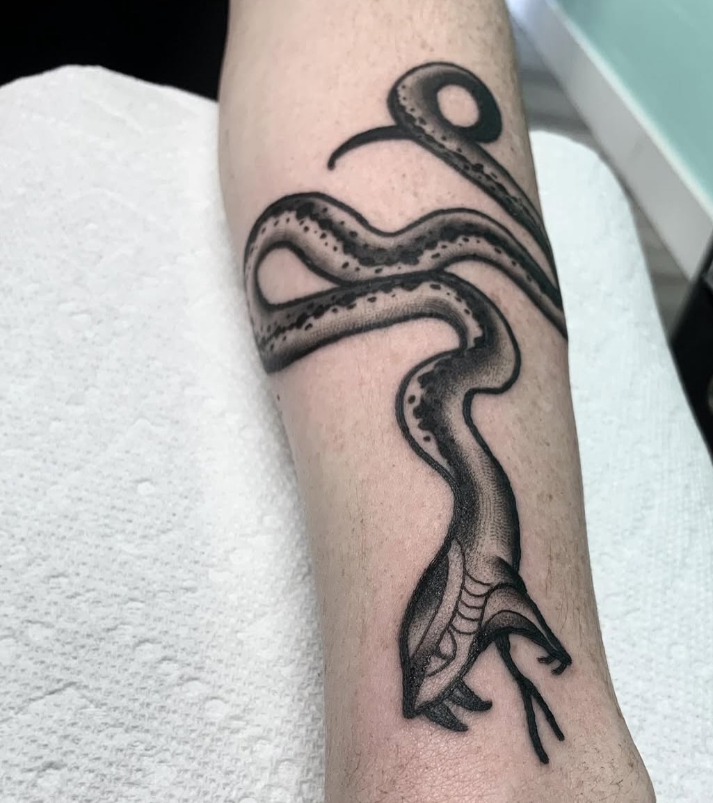 Octopus tentacle dotwork tattoo on the forearm by Brandon Harrison, Kansas City, Missouri