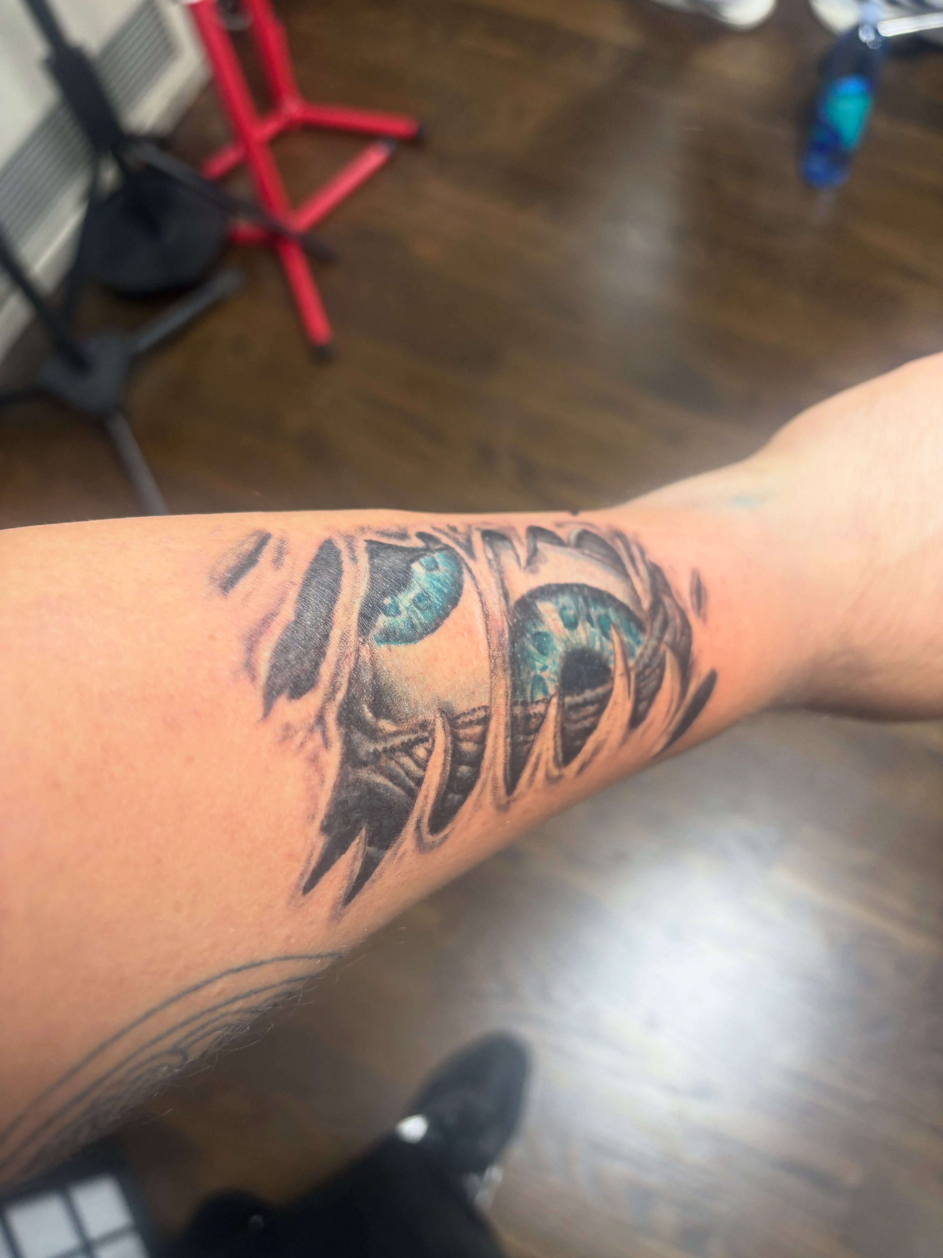 Eye and feathers realism tattoo on the forearm by Alexander Haber