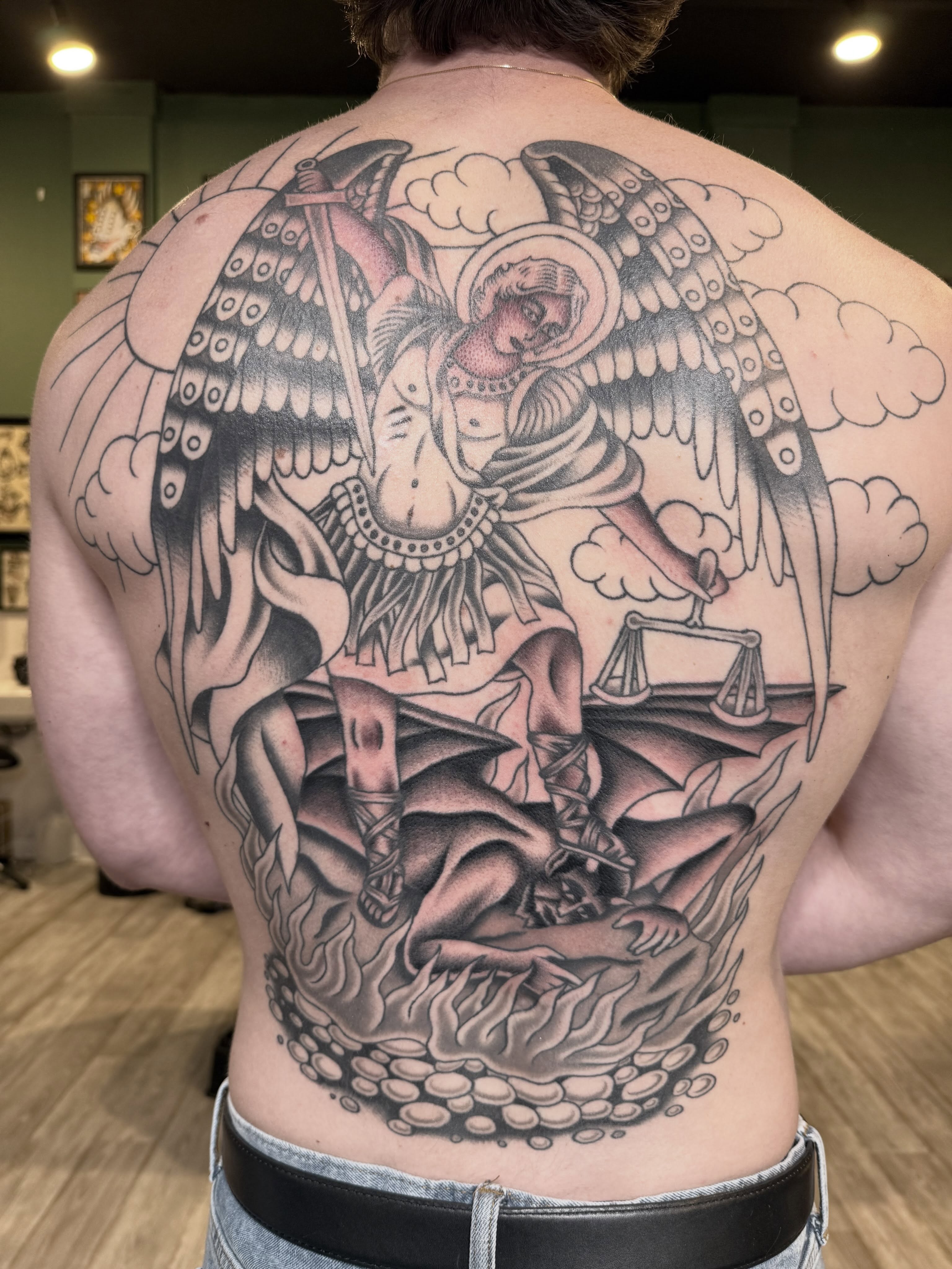 St. michael slaying dragon American traditional tattoo on the back by Collin Rigsby, Minneapolis, Minnesota