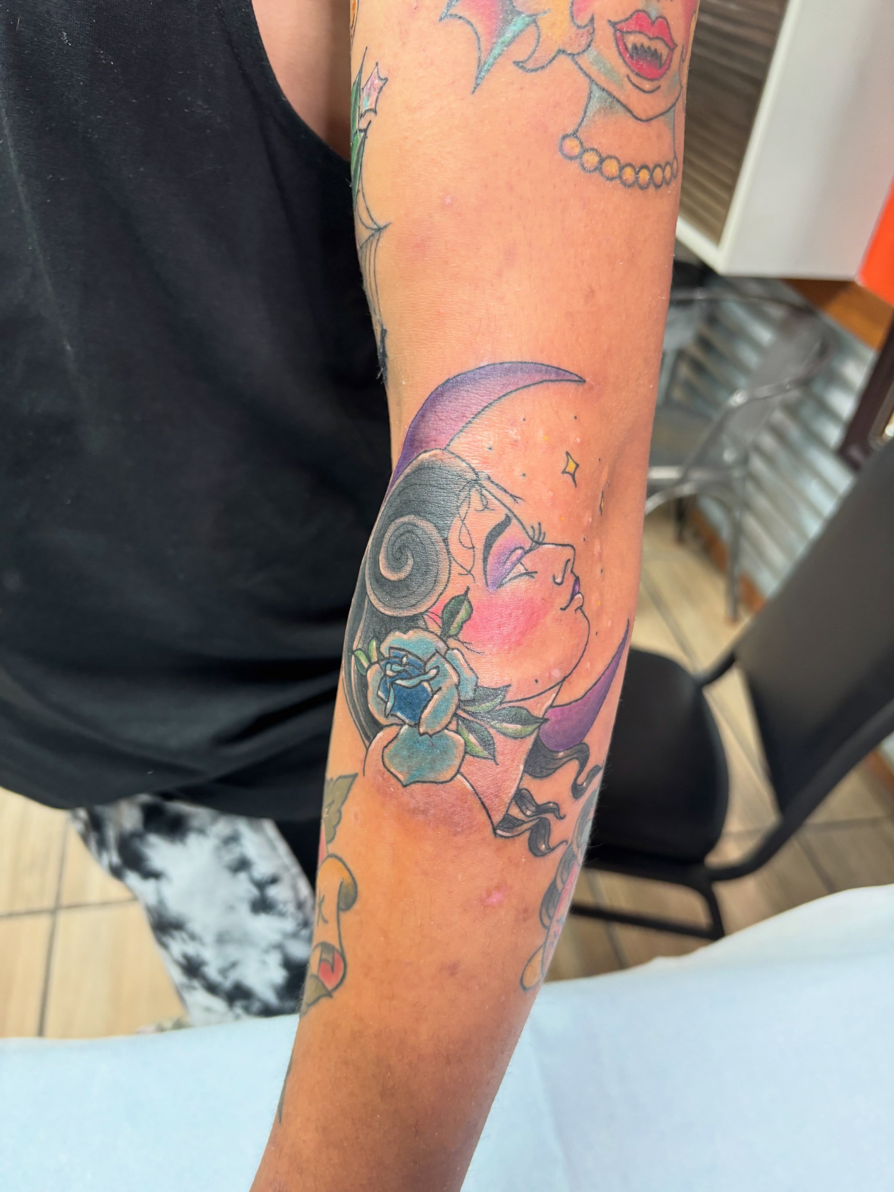 Woman with crescent moon American traditional tattoo on the forearm by Samantha💋🥀