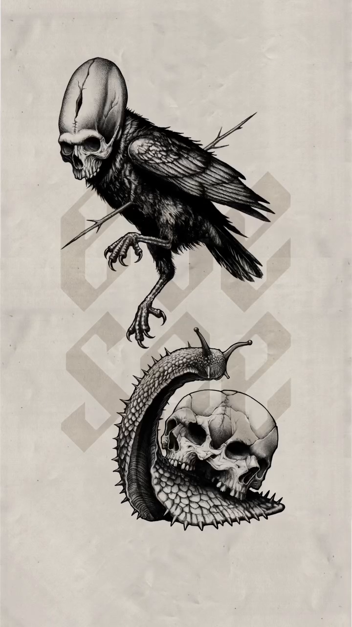 Creepy bird and skull dark realism tattoo by EyeSee Tattoos