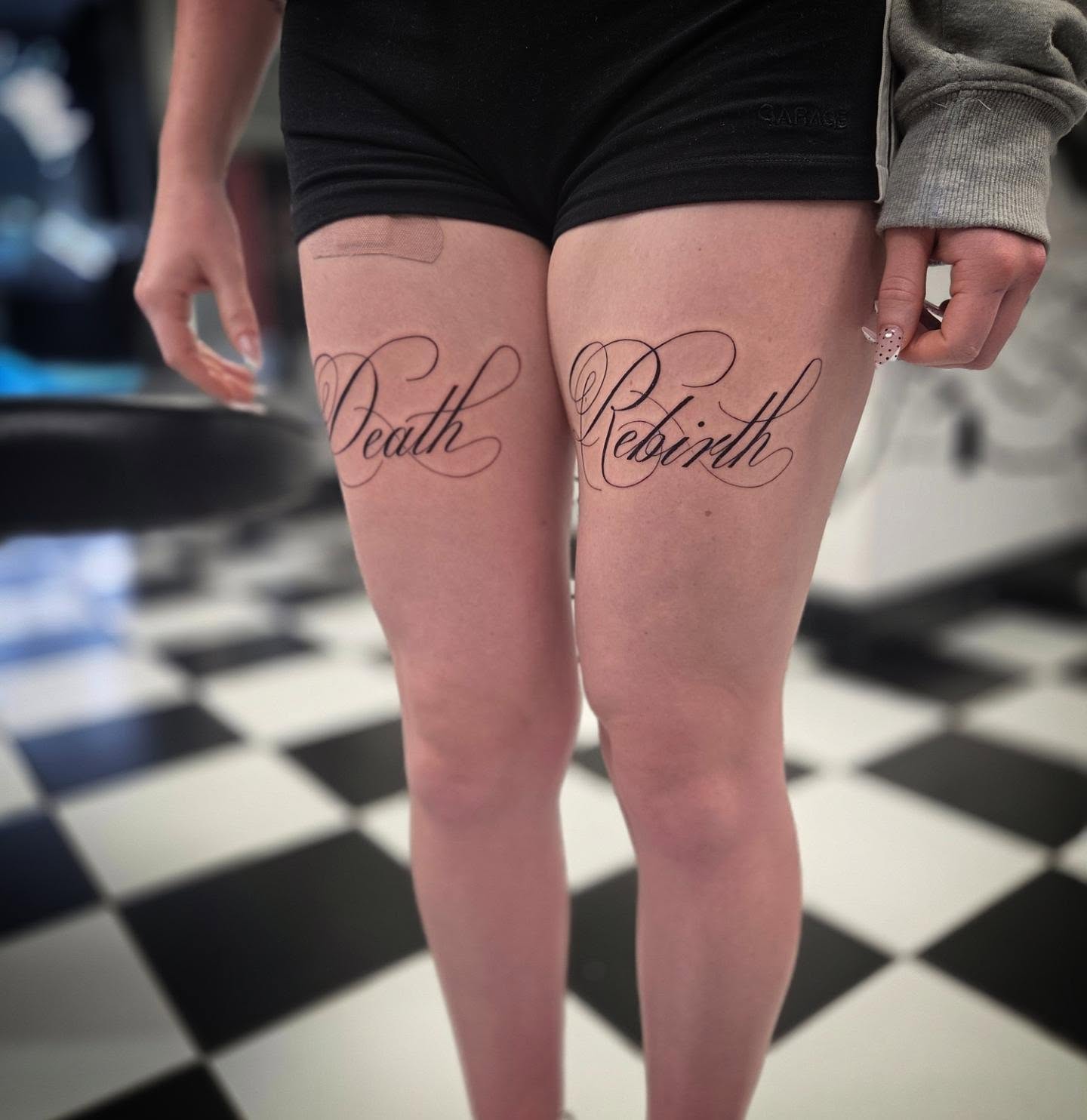 Script lettering lettering script tattoo on the thigh by Molly DeSmedt