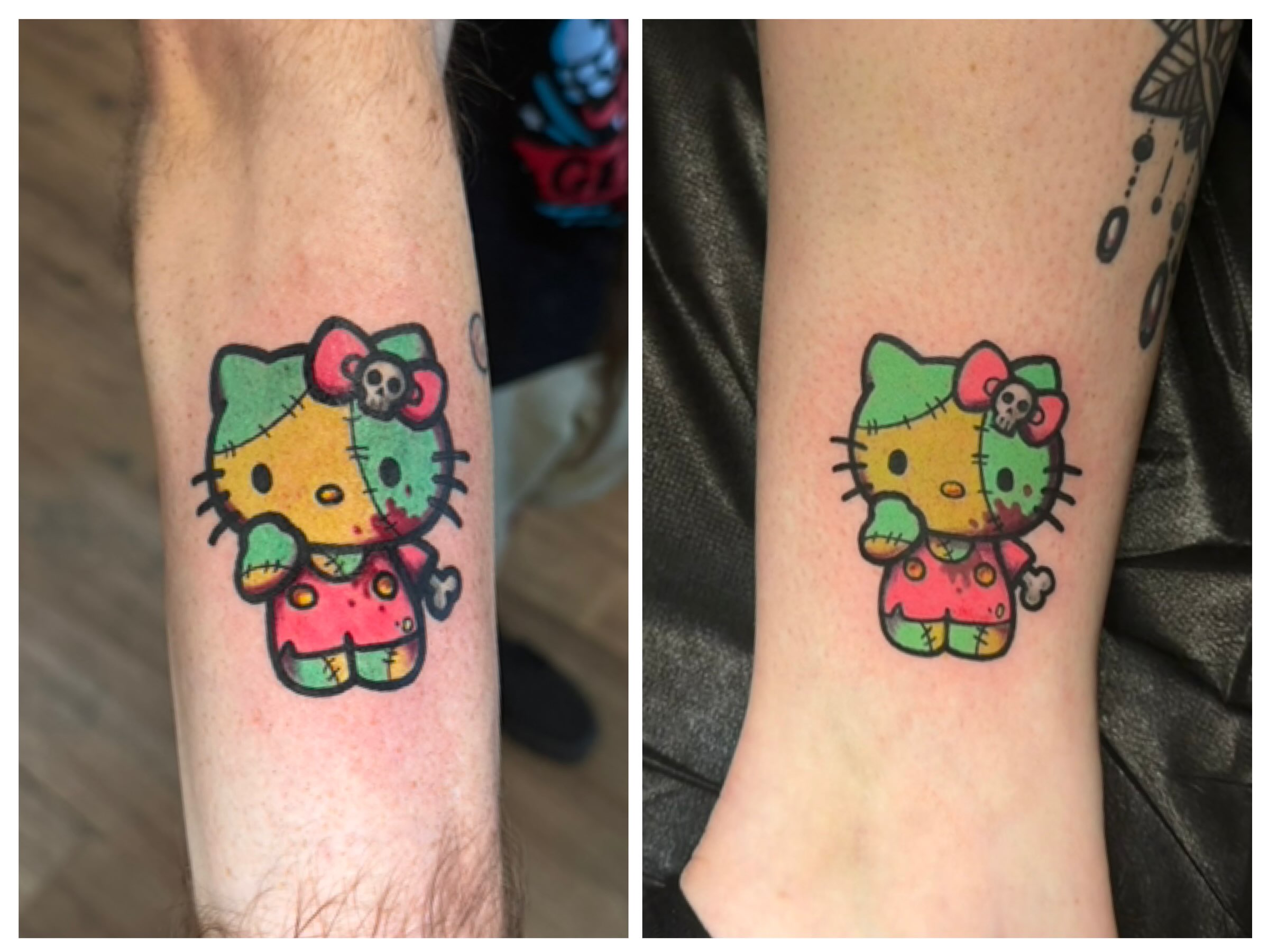 Zombie Hello Kitty trash polka tattoo on the forearm by Trista Bettfreund (Birdy)