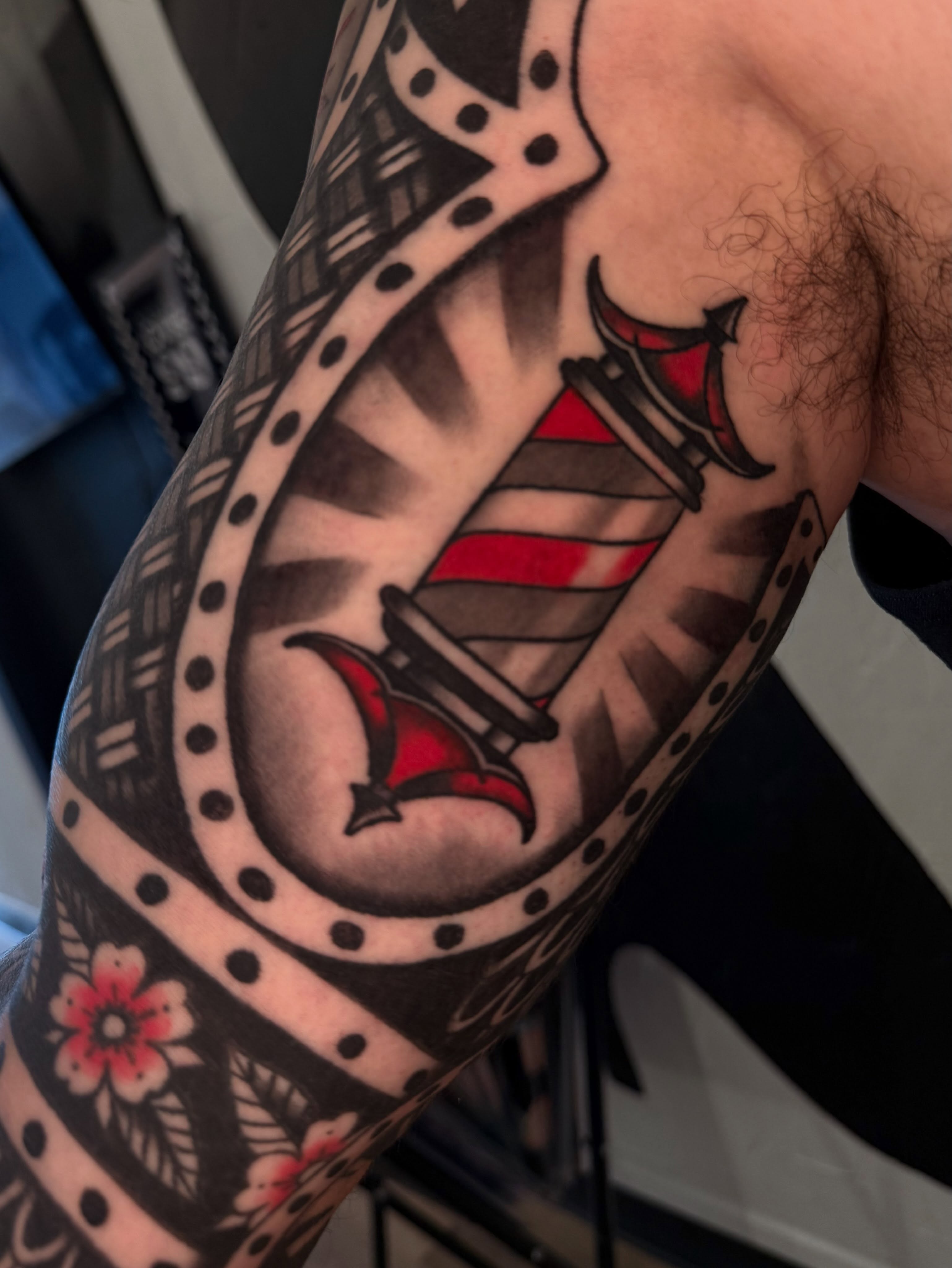 Anchor and flag American traditional tattoo on the forearm by Cory Allen