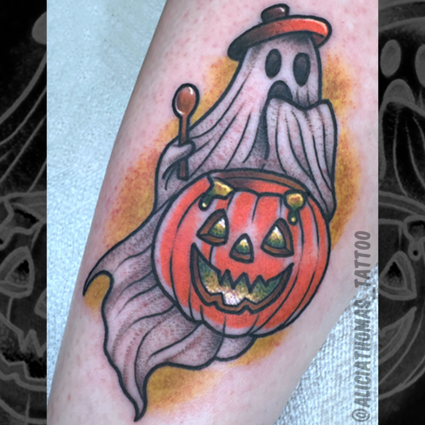 Ghost with jack-o'-lantern American traditional tattoo on the forearm by 𝖆𝖑𝖎𝖈𝖎𝖆 𝖙𝖍𝖔𝖒𝖆𝖘