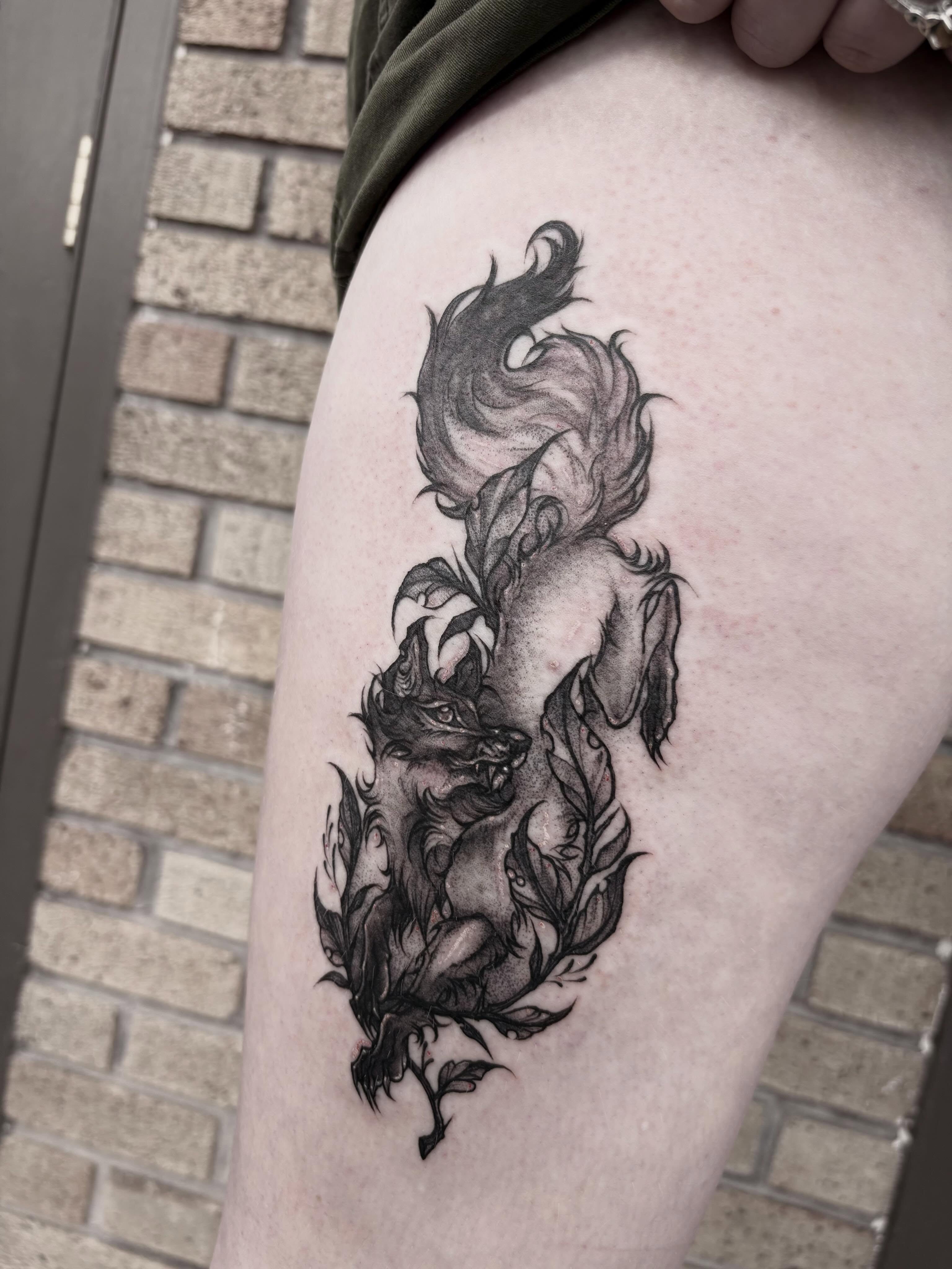 Phoenix black and grey tattoo on the thigh by ๐ท๐๐๐๐