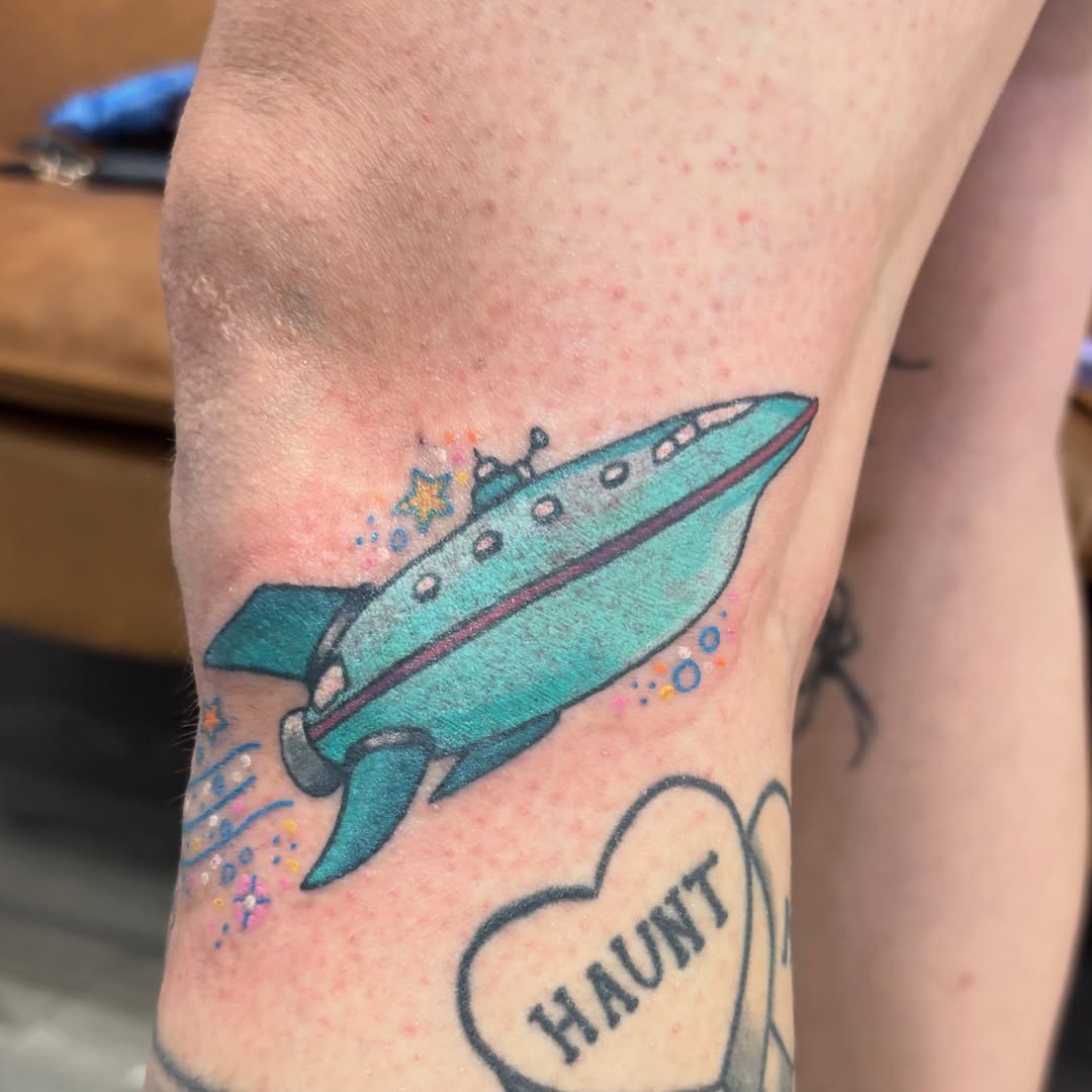 Spacecraft new school tattoo on the forearm by Taylor  Thompson