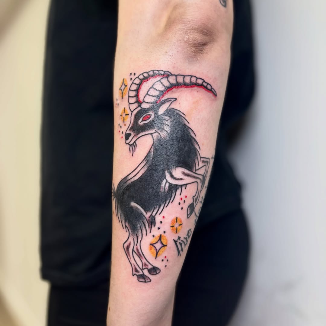 Goat American traditional tattoo on the forearm by Taylor  Thompson