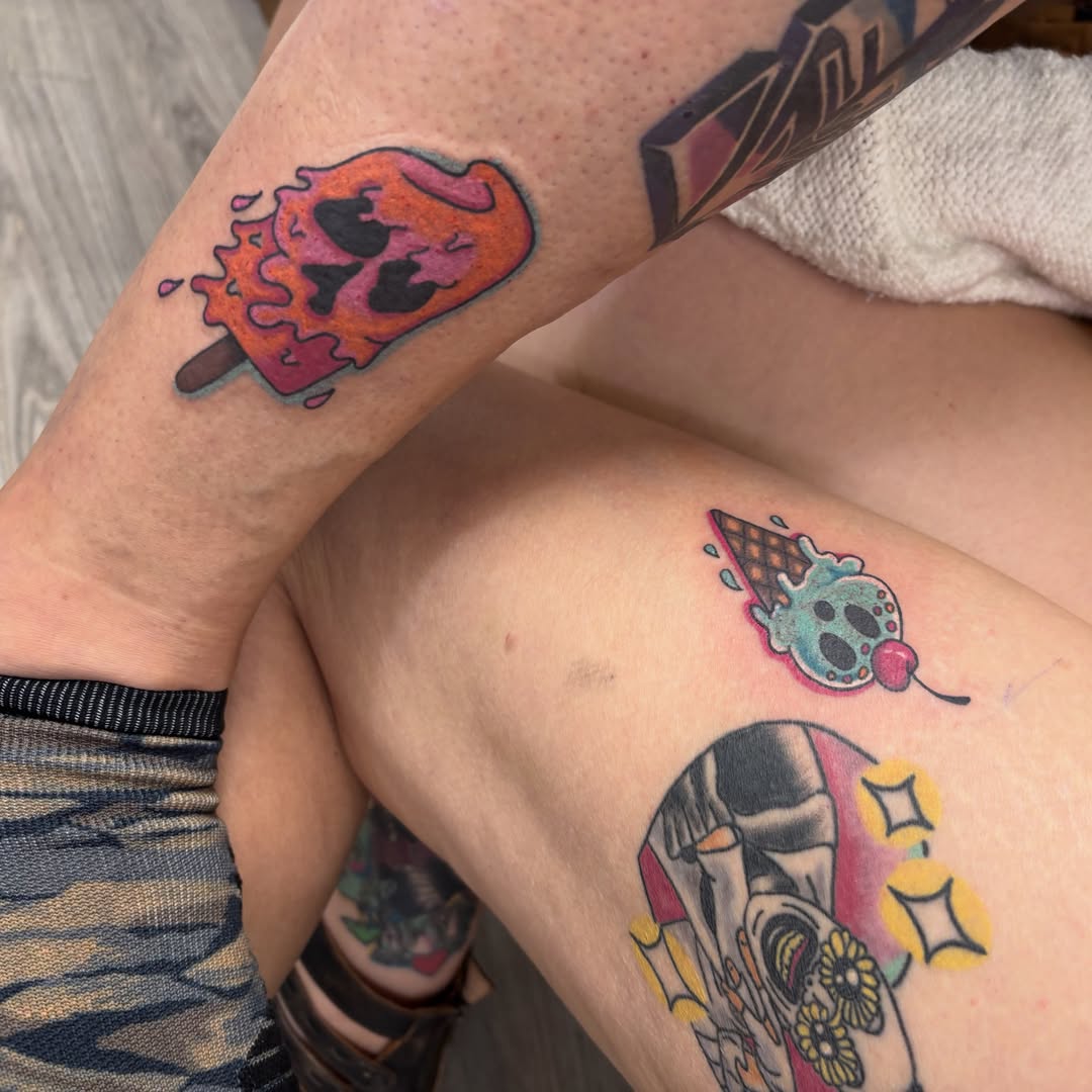 Ice cream cone American traditional tattoo on the thigh by Taylor  Thompson