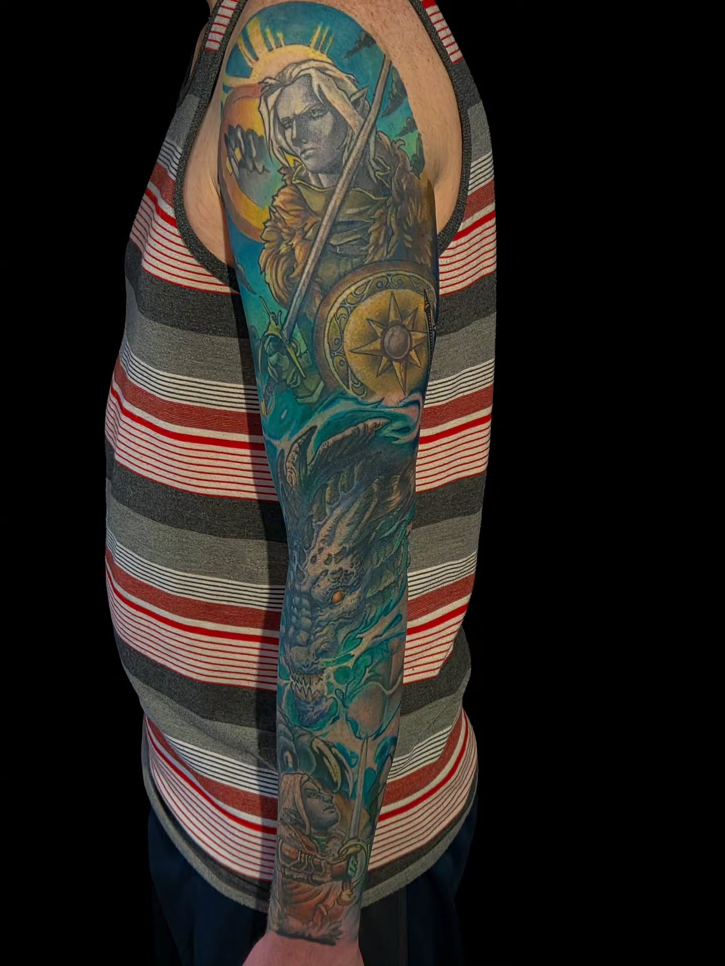 Warrior with shield and sword realism tattoo on the forearm by Bo