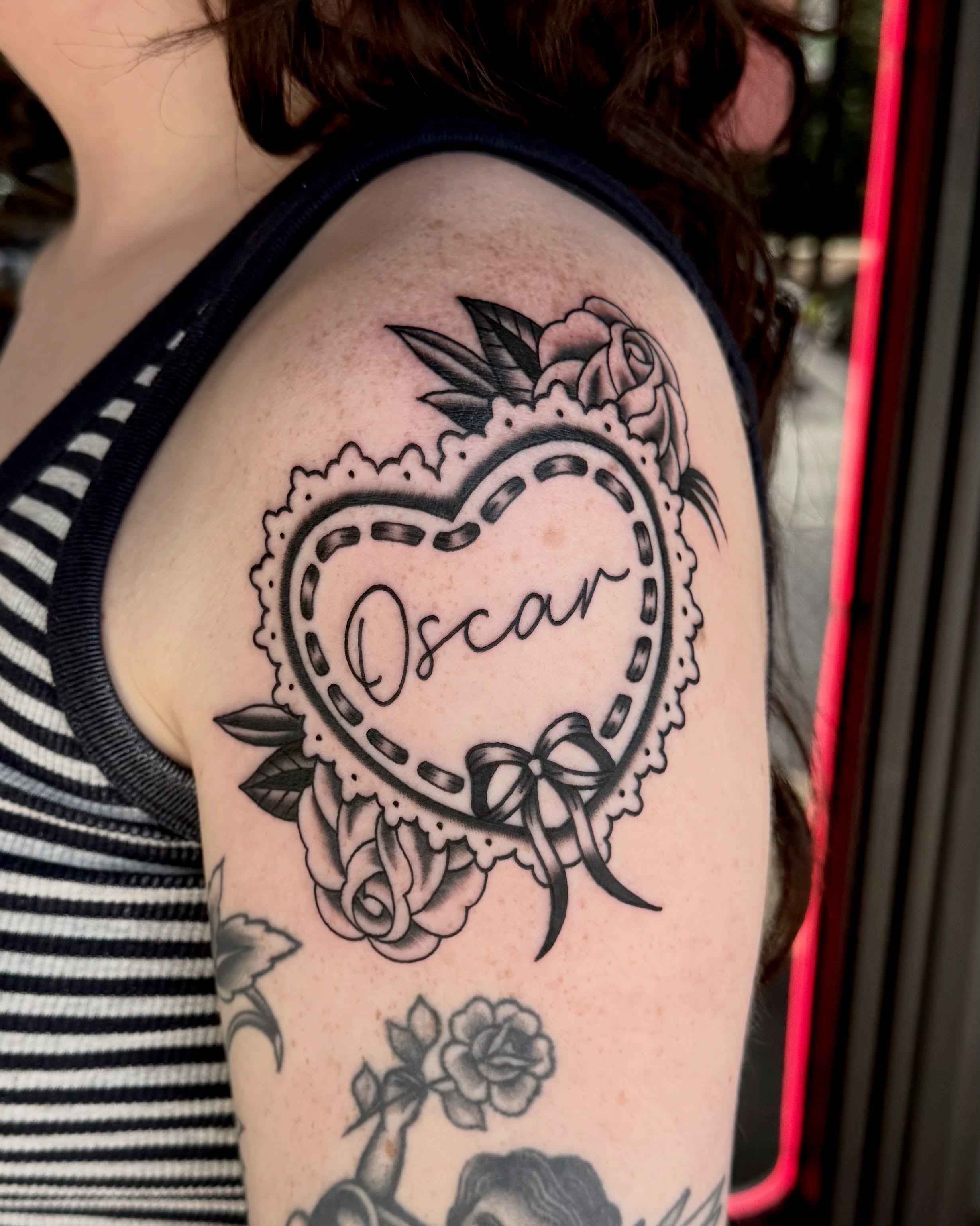 Heart with name American traditional tattoo on the shoulder by ＊ Carly James ＊