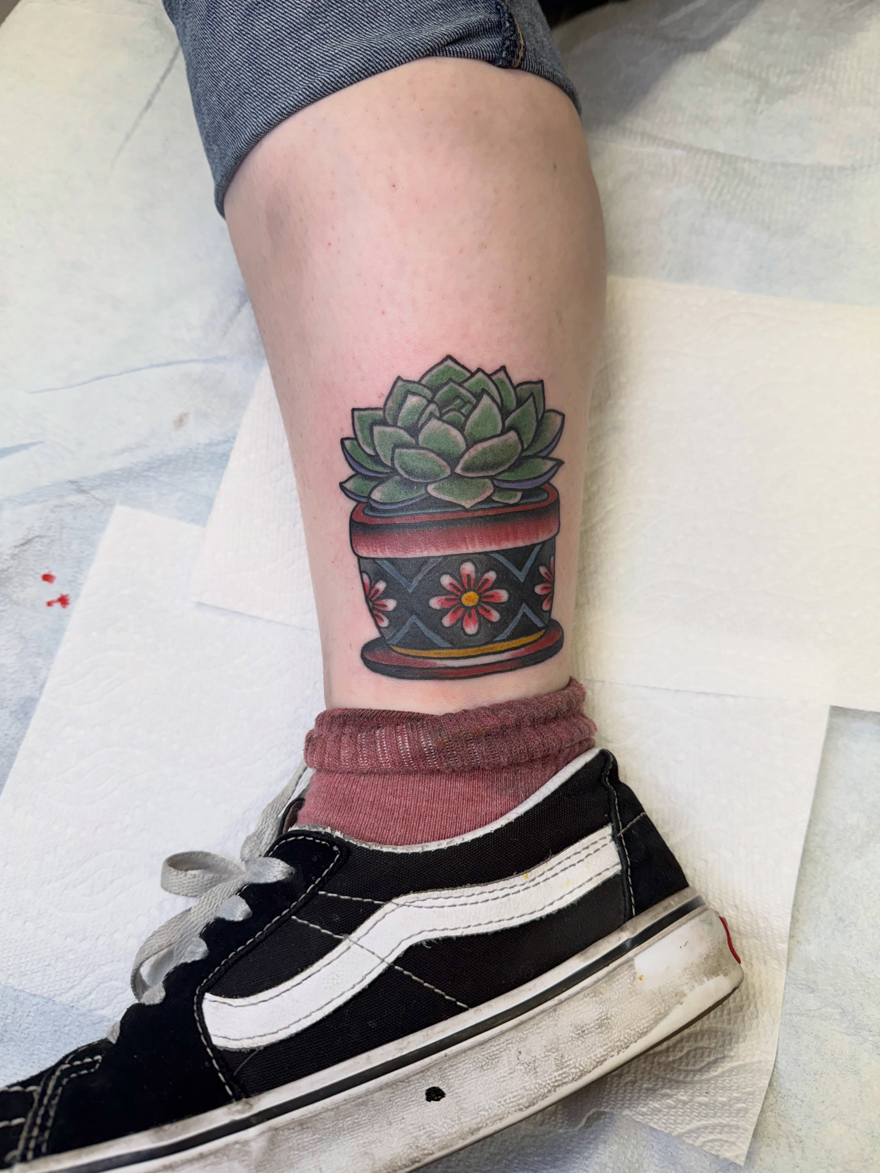 Succulent in pot realism tattoo on the calf by Aaron ulfstam