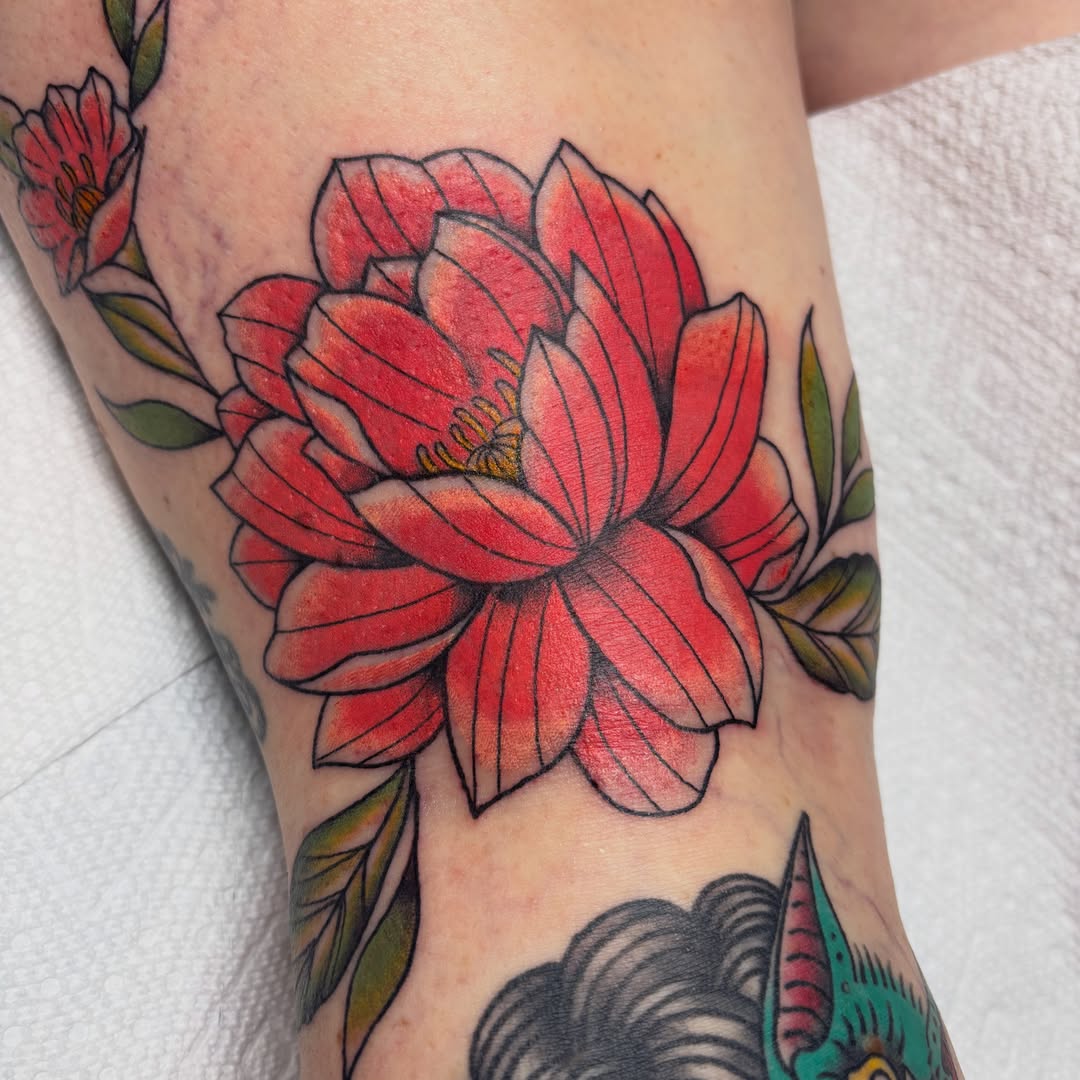Red flower American traditional tattoo on the forearm by ❁ Tat2friend ❁