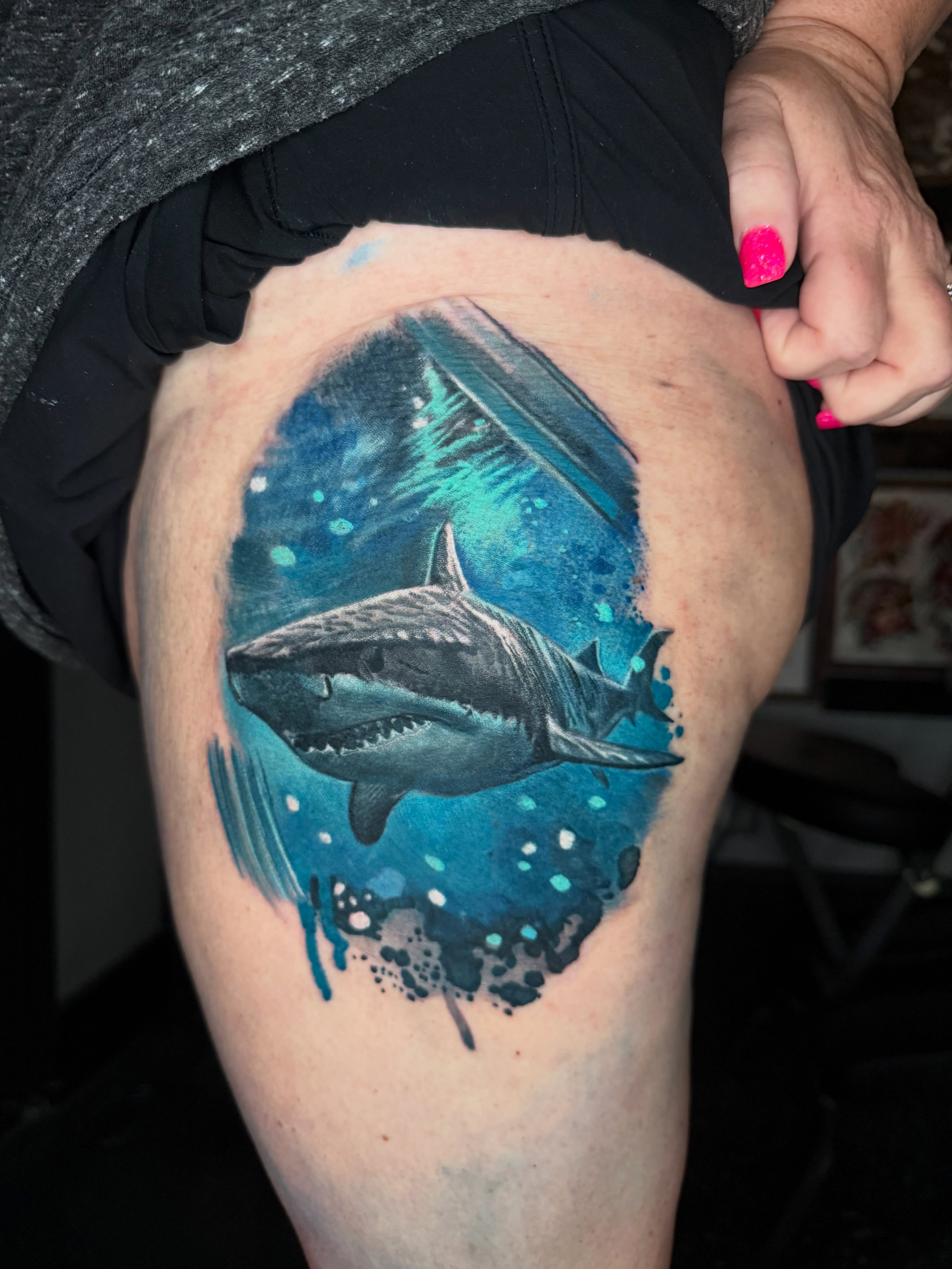 Shark realism tattoo on the thigh by ᴄʜʀɪs ᴀᴠᴇʀᴀ
