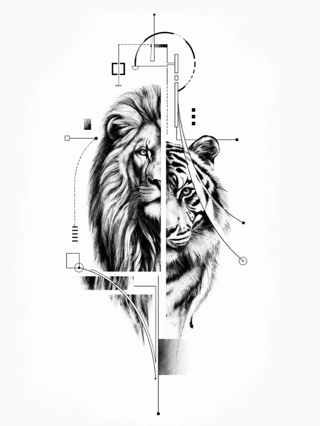 Lion and tiger geometric tattoo by DGzinn