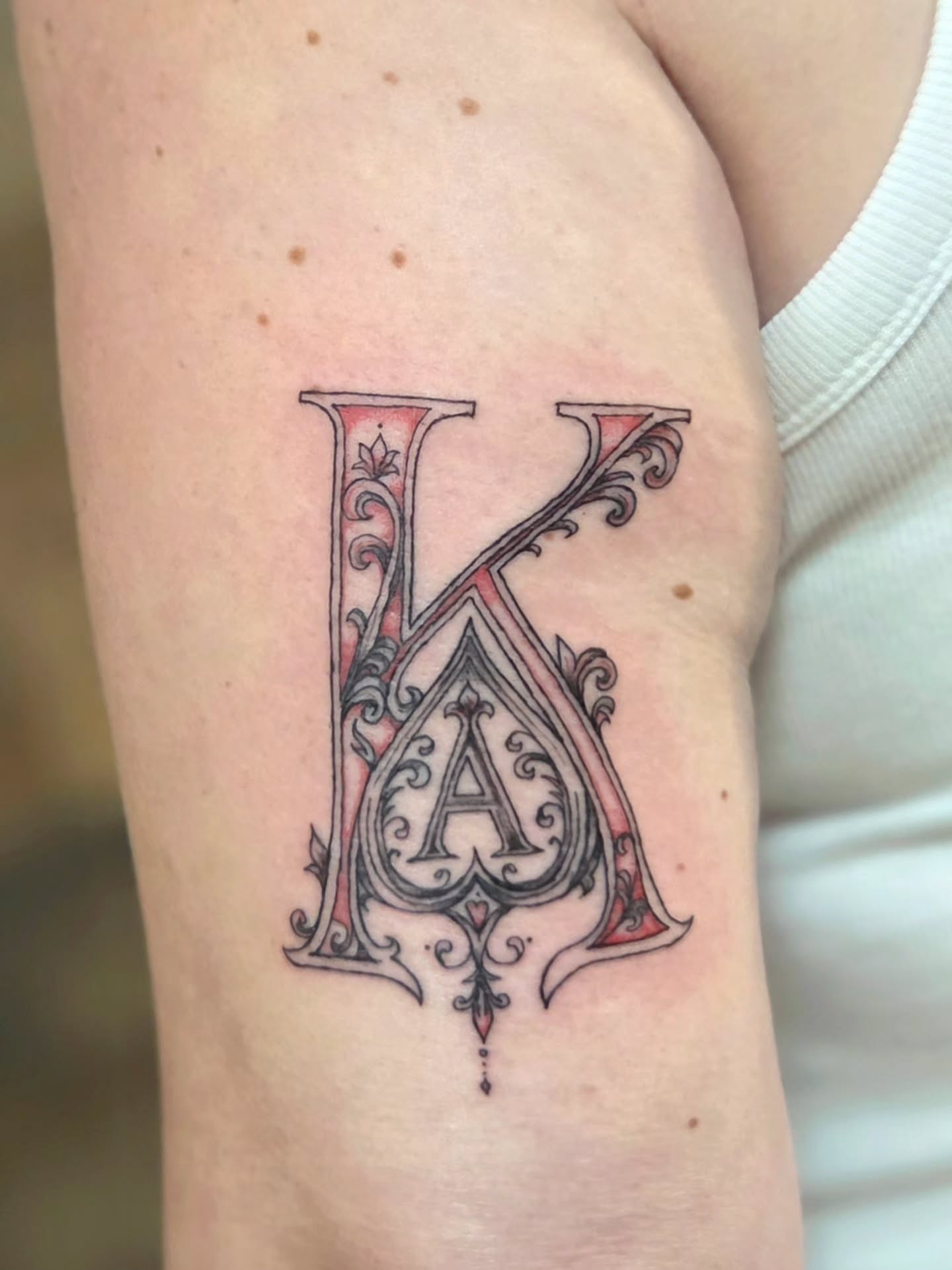 Ornamental letter K ornamental tattoo on the forearm by Courtney, Lakewood, Ohio