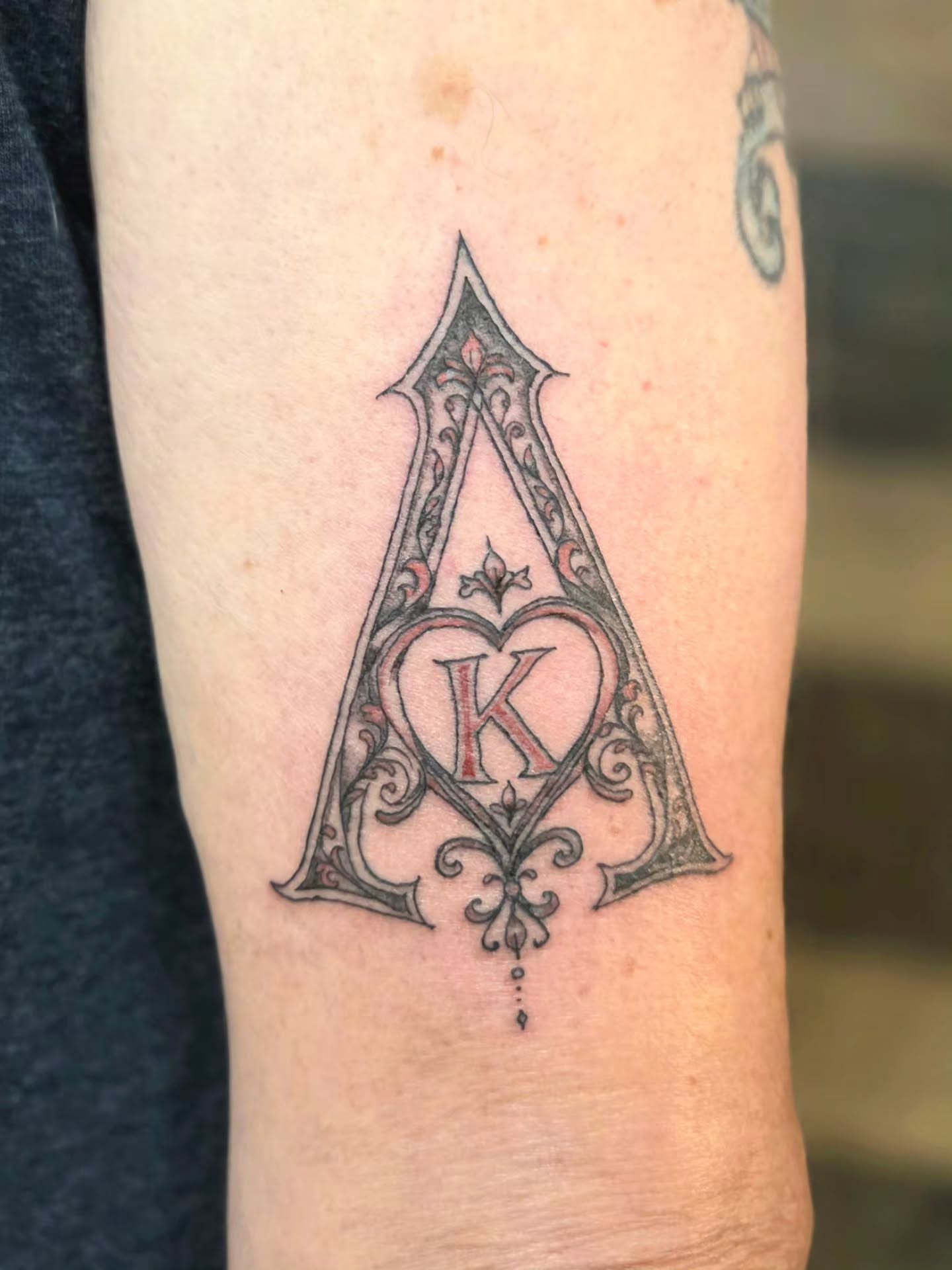 Ace of hearts ornamental tattoo on the forearm by Courtney, Lakewood, Ohio