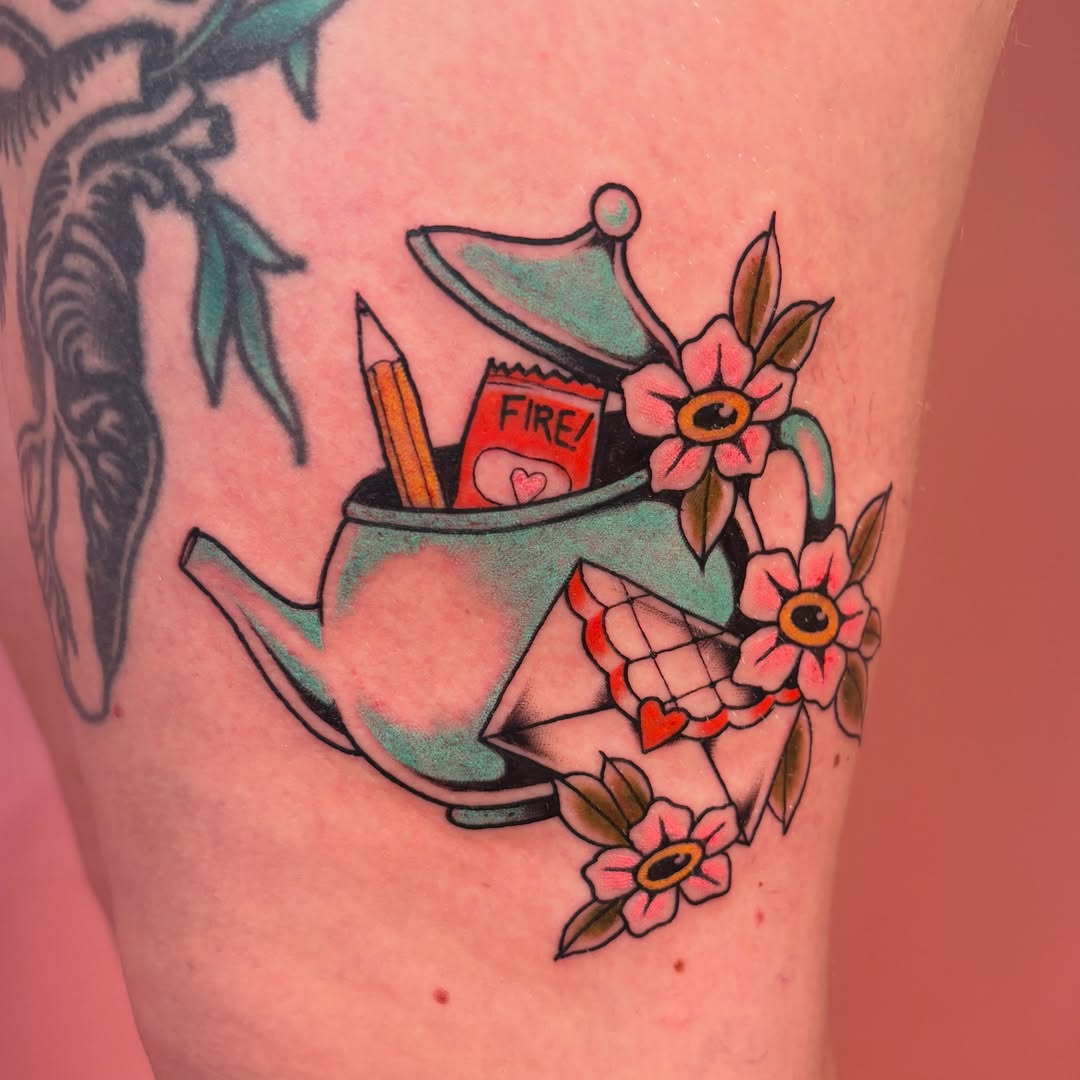 Teapot and flowers American traditional tattoo on the thigh by Car🦋🌈 Dallas Tattoo Artist💖