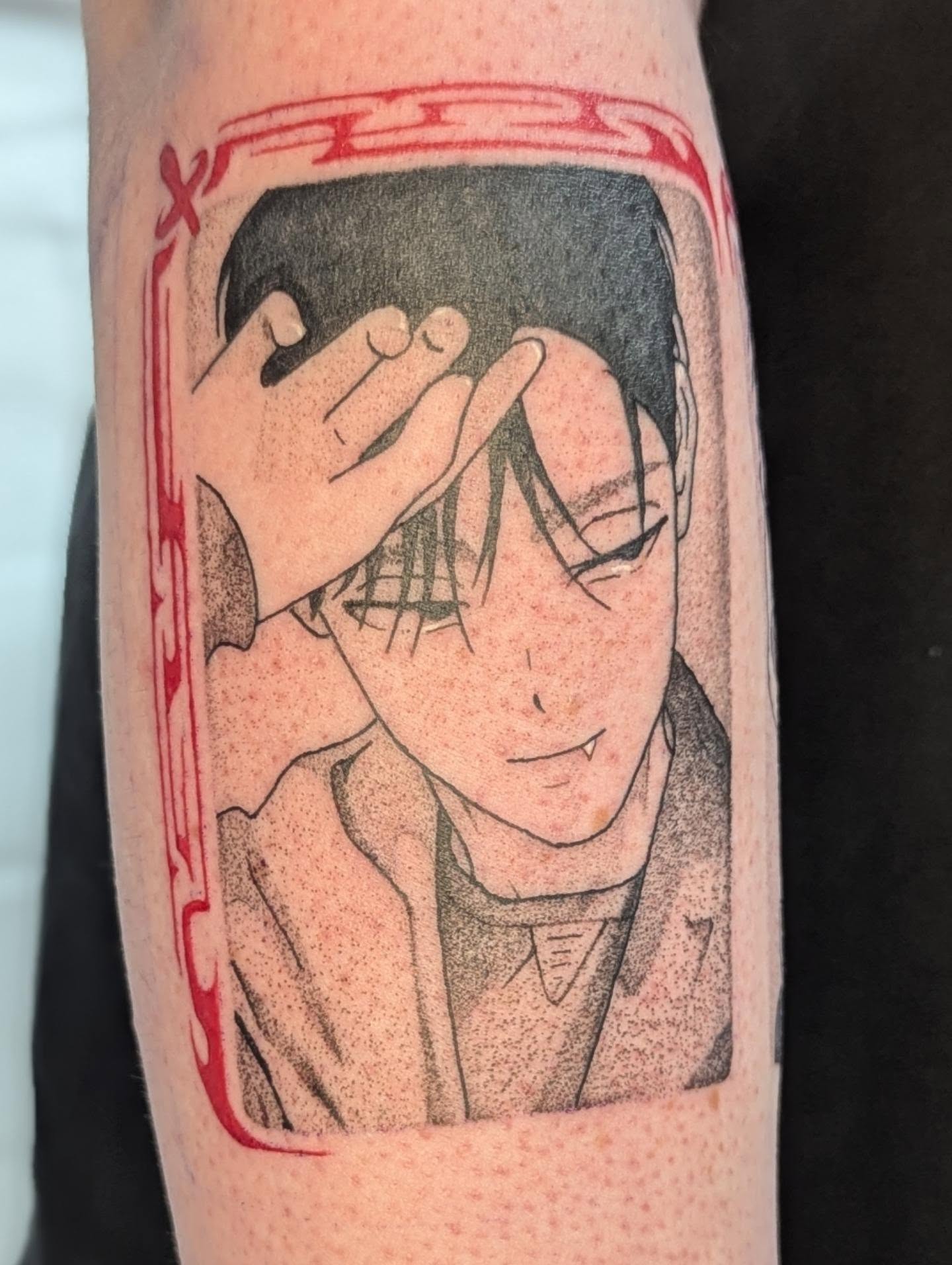 Anime character dotwork tattoo on the forearm by Spencer Jennings, Westland, Michigan