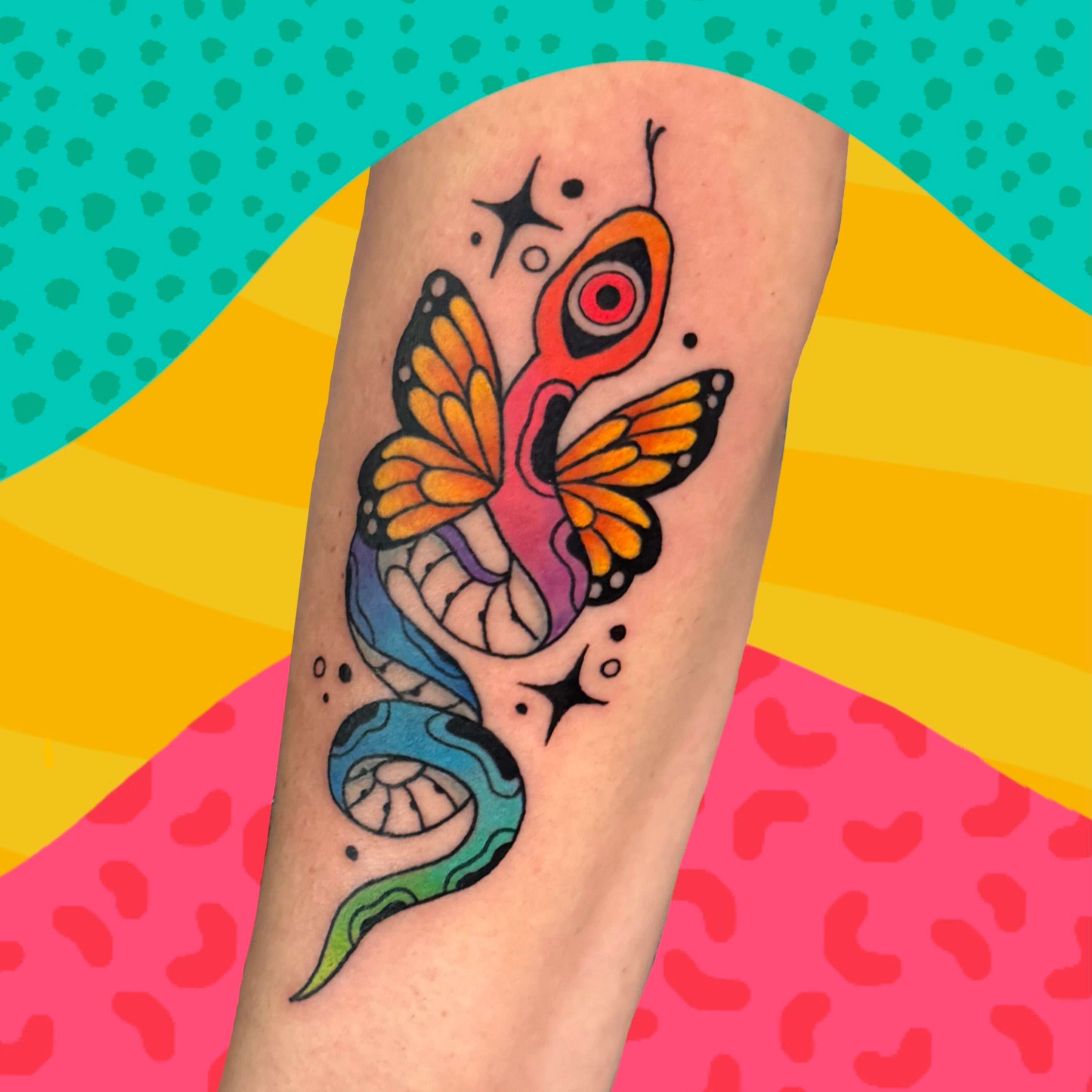 Butterfly and snake new school tattoo on the forearm by π. ππππ, San Francisco, California