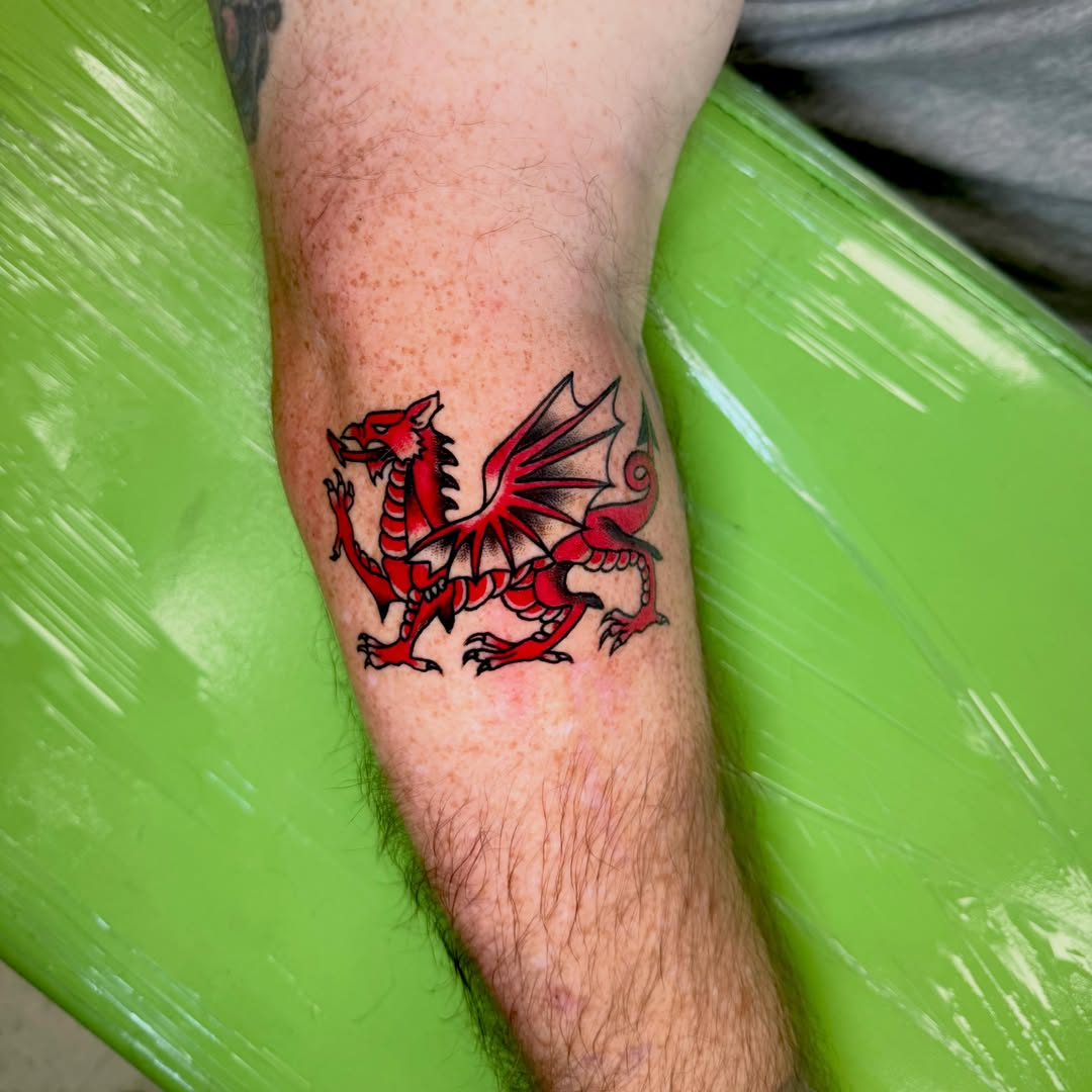 Red dragon American traditional tattoo on the forearm by Lip™