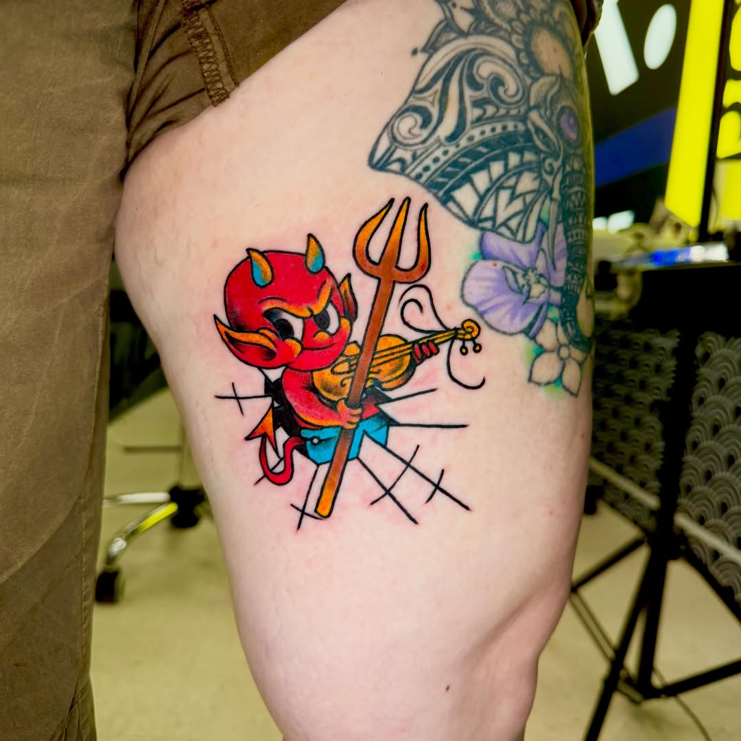 Devil playing violin new school tattoo on the thigh by Lip™