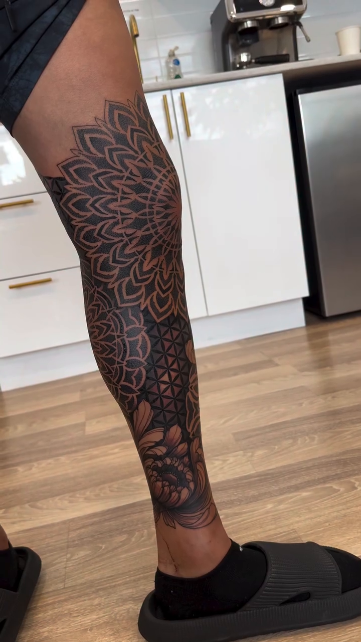 Geometric mandala leg sleeve geometric tattoo by Laure Conzales