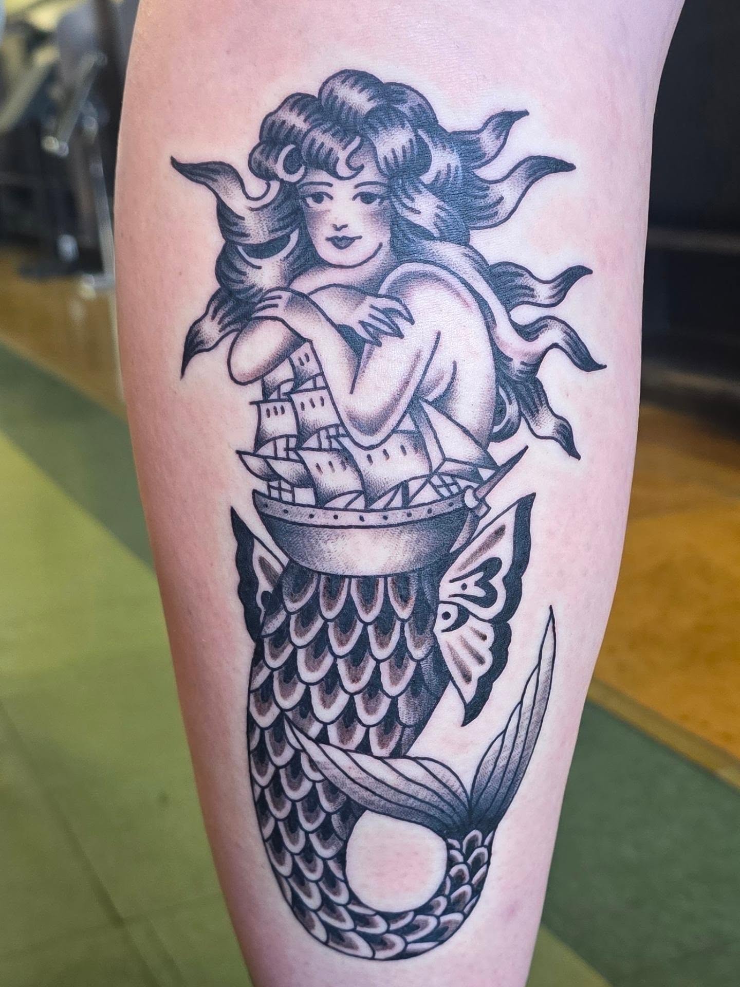 Mermaid American traditional tattoo on the forearm by A. Teixeira, Los Angeles, California
