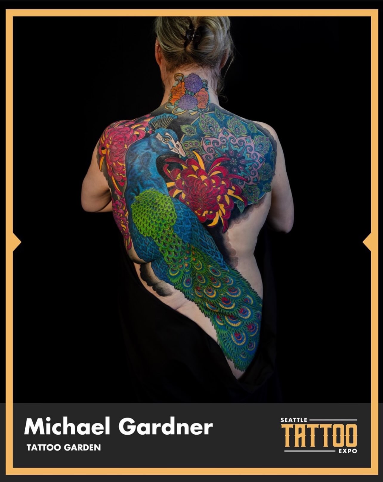 Peacock and floral new school tattoo on the back by Michael - Tattoo Garden Everett, Everett, Washington
