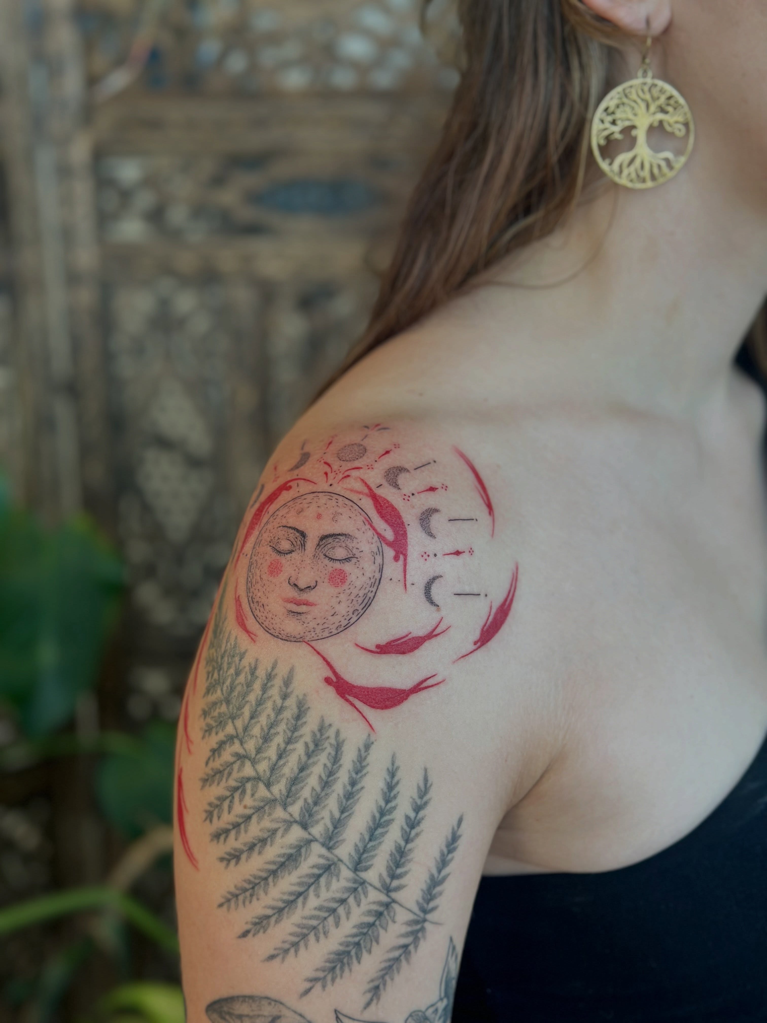 Moon phases dotwork tattoo on the shoulder by Santiago Don, Portland, Oregon