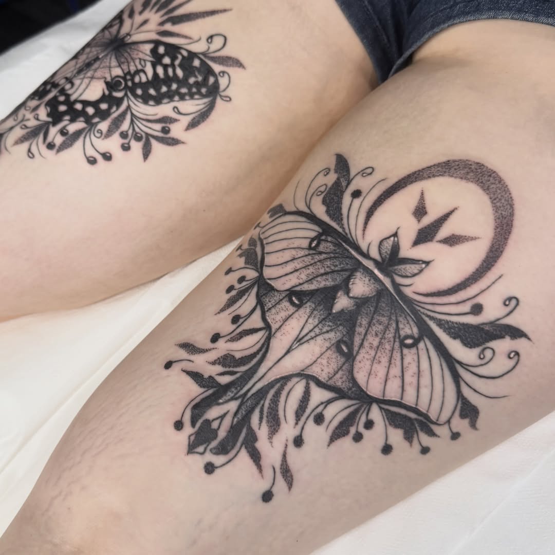 Butterfly black and grey tattoo on the forearm by Aiden Shaw