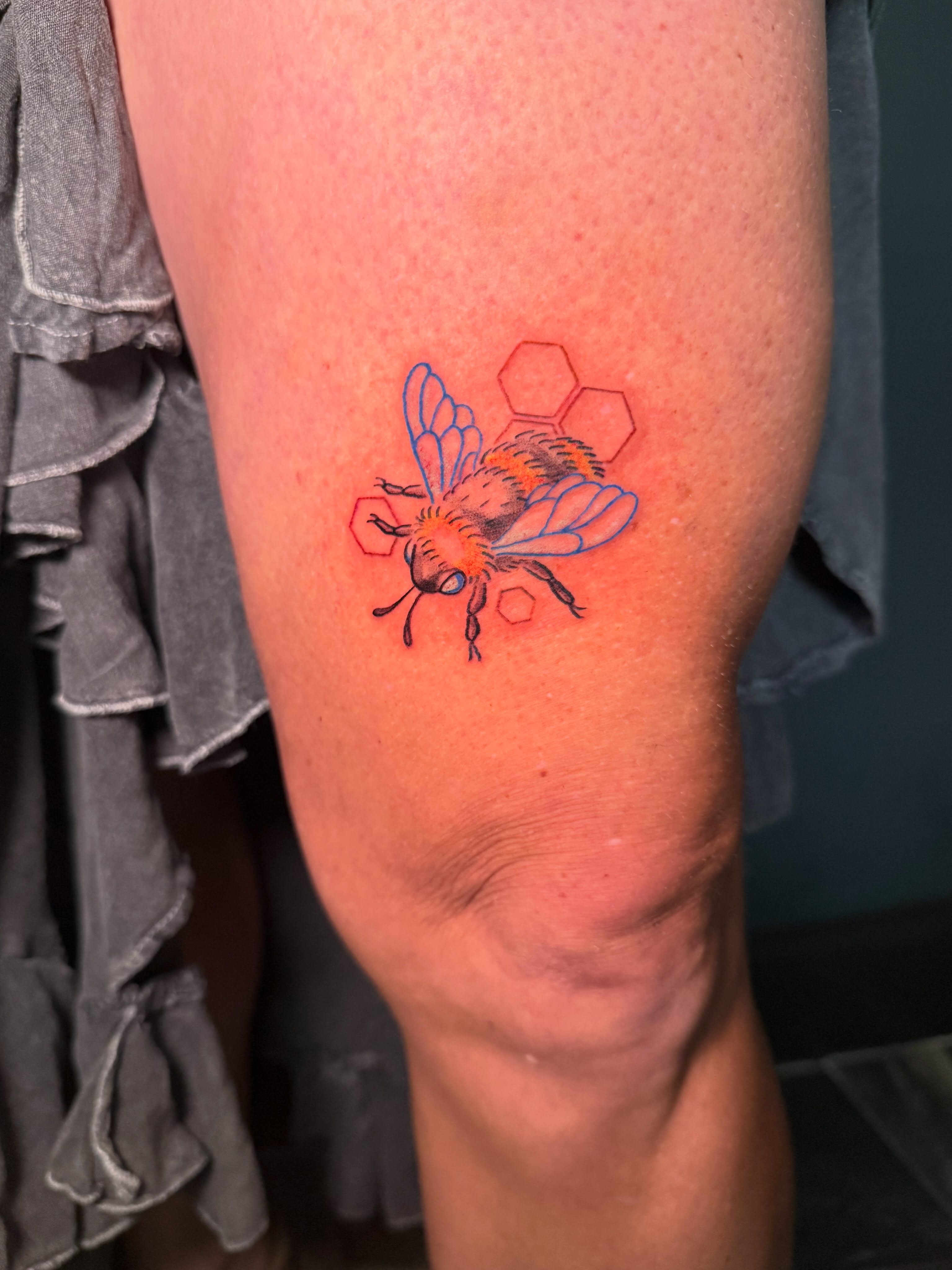 Bee geometric tattoo on the forearm by Ivy-Jade Edwards, Memphis, Tennessee