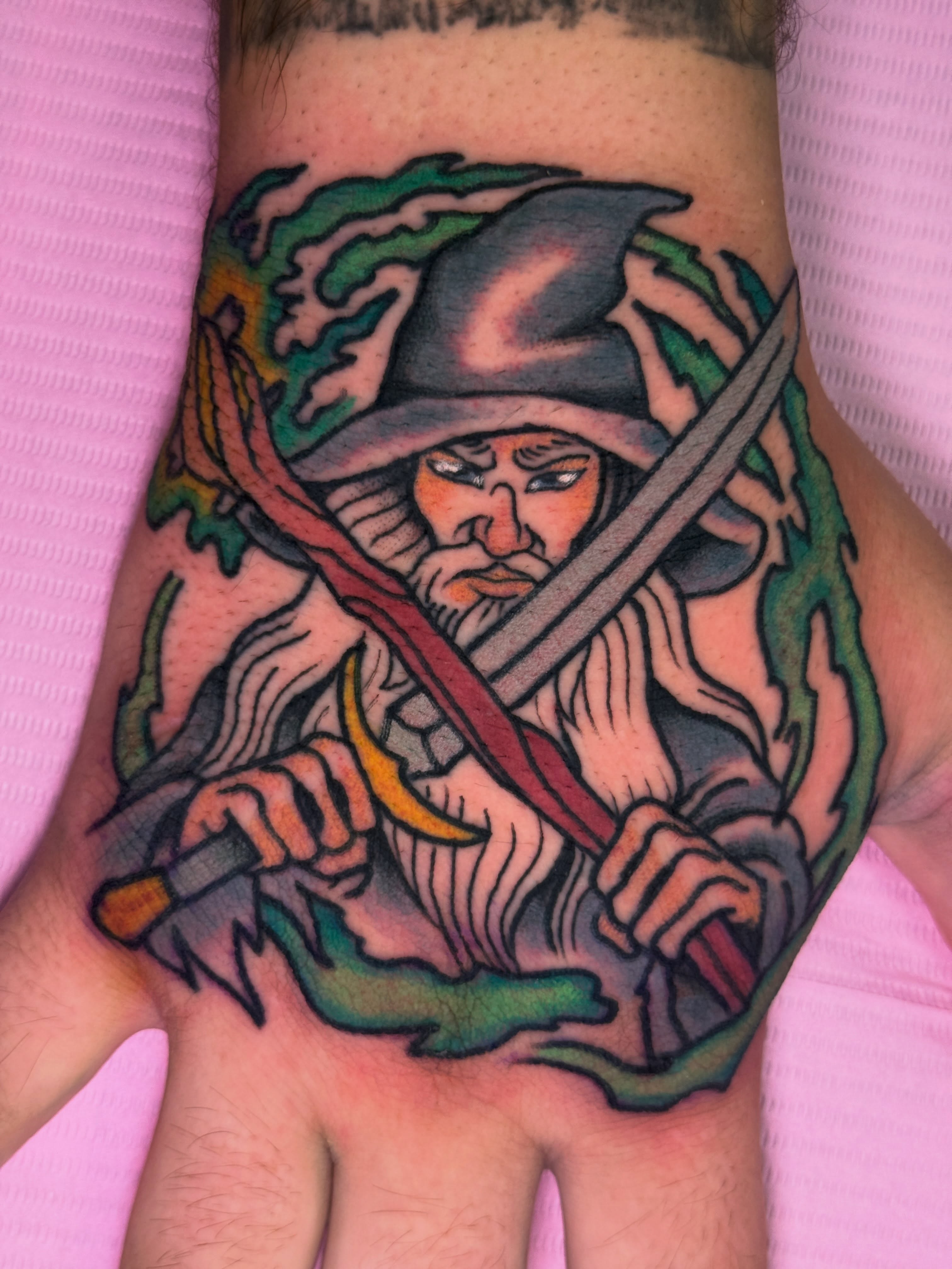 Pirate with sword American traditional tattoo on the hand by Cassie O'Neal DeBord