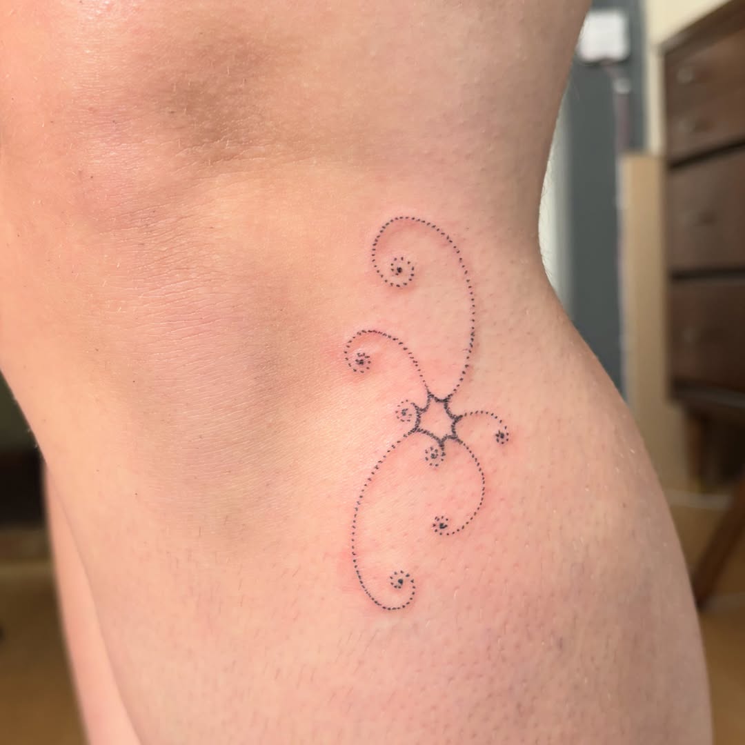 Dotwork swirls dotwork tattoo on the thigh by kari
