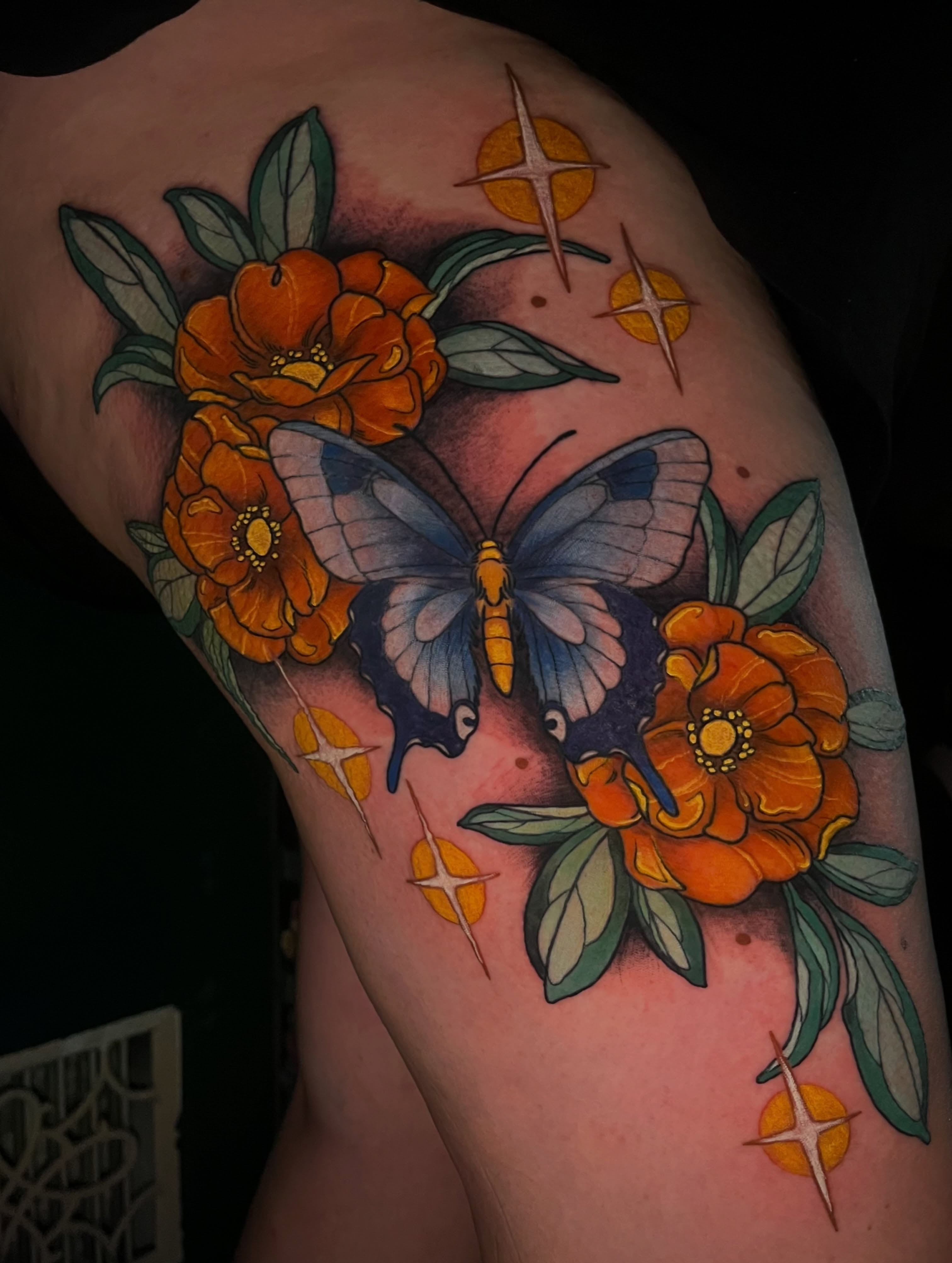 Butterfly and flowers American traditional tattoo on the thigh by Summer Machelle, Orange, California