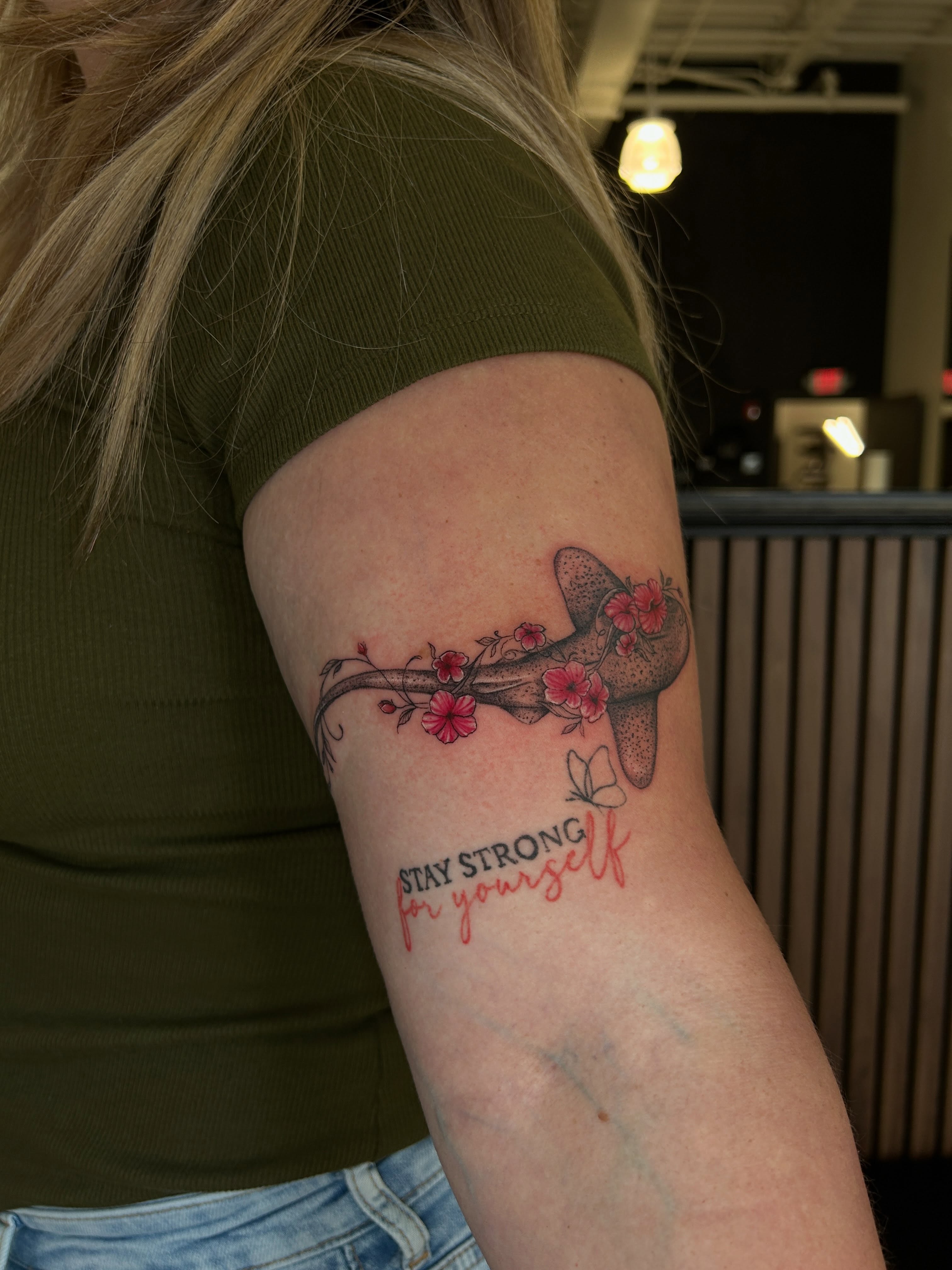 Shark with flowers new school tattoo on the forearm by J